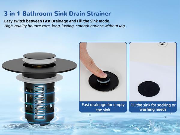 Hibbent Upgraded 3 in 1 Bathroom Sink Drain Strainer, Universal Pop Up Stopper, Removable Stainless Steel Filter Basket Hair Catcher, Sink Plug for 1.1''~2.36'' Basin, Brass Bullet Core, Matte Black