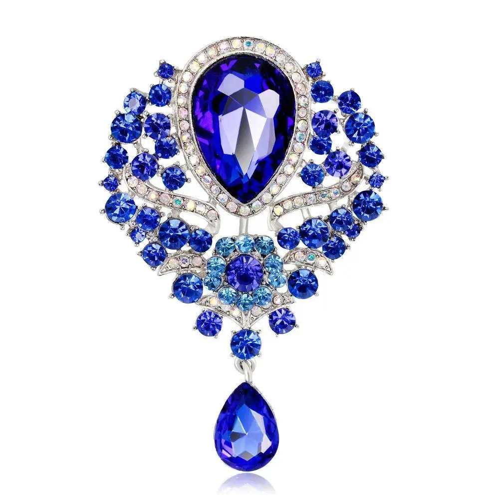 Silver Tone Teardrop Sapphire Dangle Brooch, Gradient Multi Shade Blue Rhinestone Paved Wing Frame, Drop Pendant Design Statement Lapel Pin, Women's Wedding Evening Dress Jewelry, Ideal Gift for Formal Occasions