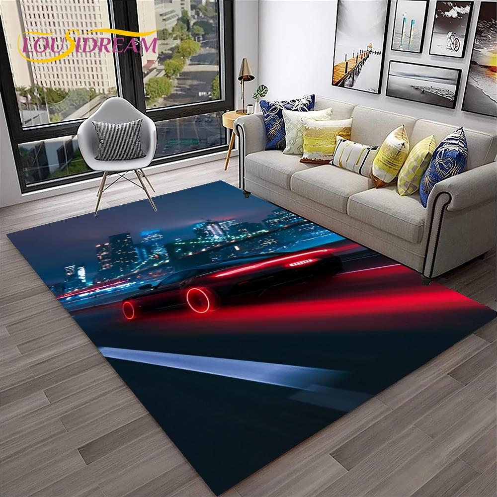 Blue Sports Car Flannel Area Rug - Cool Graffiti Style Supercar Print Soft Mat for Living Room & Garage, Non-Slip Car Enthusiast Home Decor#SportsCarRug #GraffitiSupercarMat #CarEnthusiastDecor #GarageCarpet #NonSlipFlannelRug
