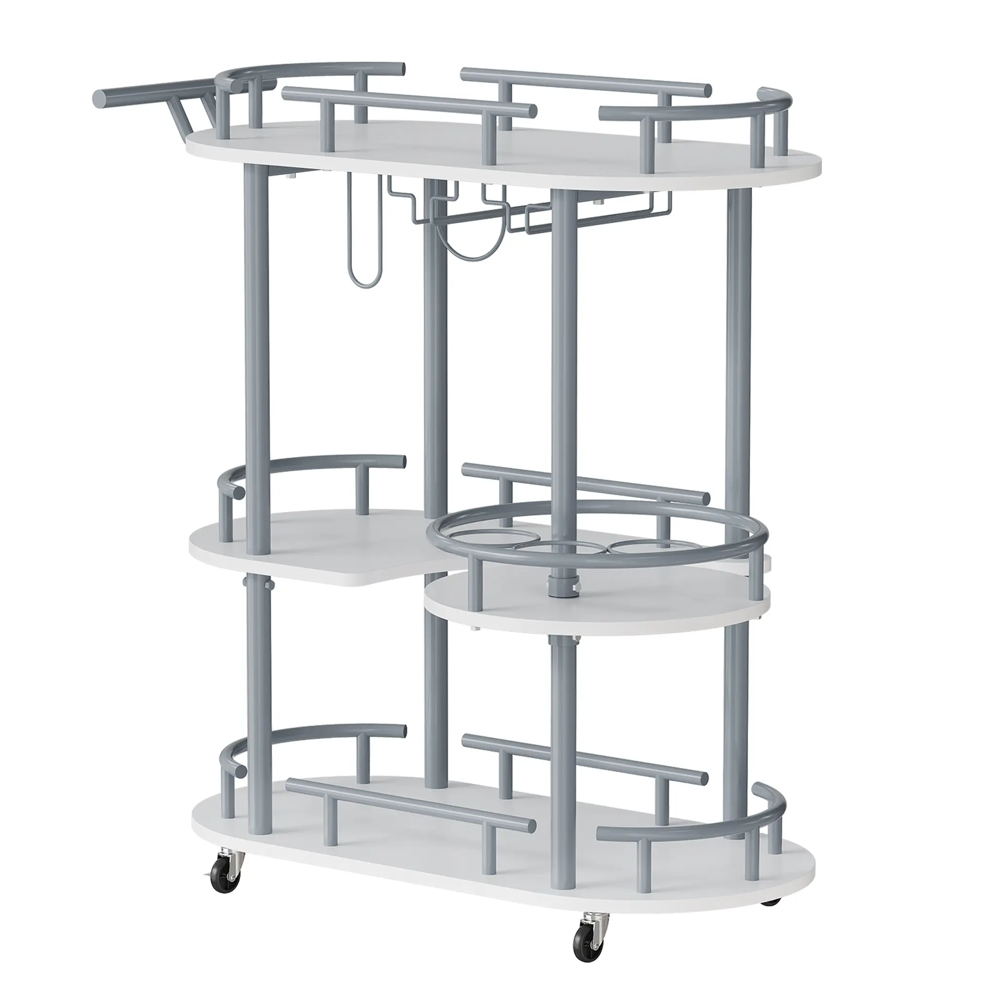 3-Tier Rolling Bar Cart with Wine Rack & Glass Holder – 360° Mobile Serving Trolley, Industrial Metal Frame, Marble Shelves for Home Bar Dining