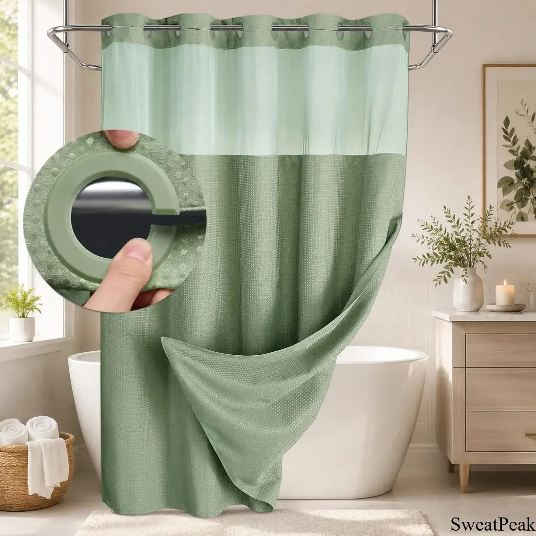 Fabric Shower Curtain with Snap-in Liner, Double Layer Waffle Pattern Waterproof Bathroom Curtain with Hookless Design, Washable Easy Care Shower Curtain for Modern Home Bathroom, Hotel, Dorm and Apartment Decor, 72x75 Inch