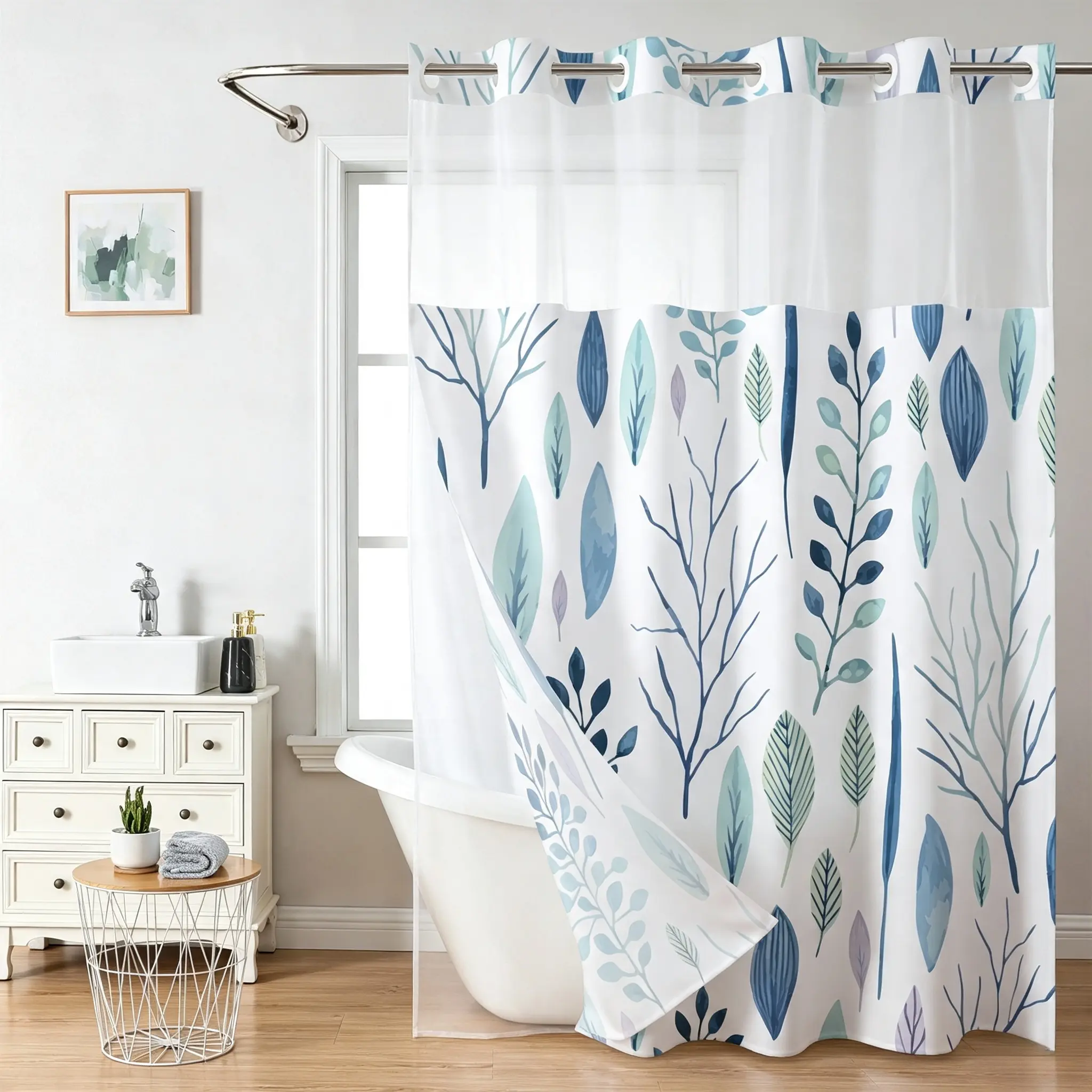 Ink Wash Floral Double Layer Shower Curtain, Hookless Fresh Farmhouse Style Bathroom Curtain, Home Decor Bathroom Accessories, 71x74 Inch