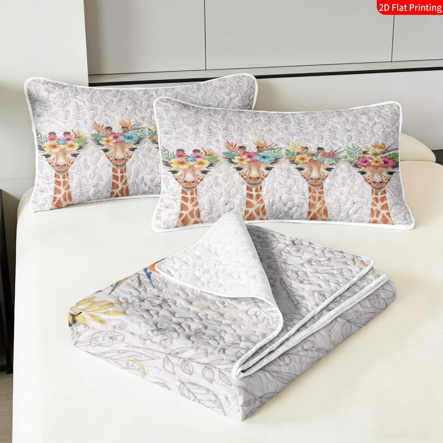 3 pcs, 2D flat print Watercolor Giraffe Floral Crown Bed Cover Set, Multiple Sizes Available, Bedding Set, All Seasons, Gift for Loved Ones(1 bedspread , 2 pillowcases)