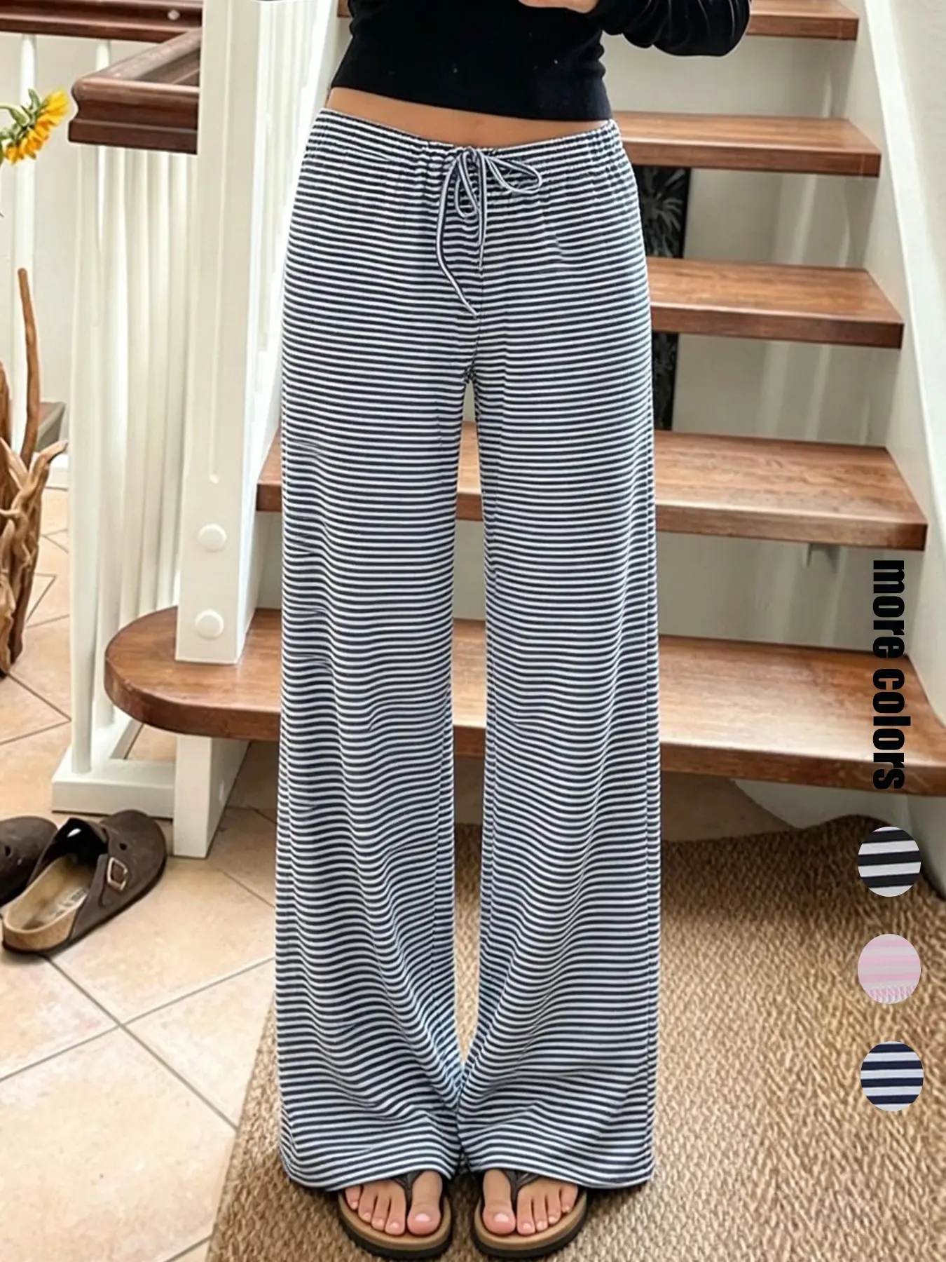 Women's Striped Print Tie Front Wide Leg Pants, Casual Comfy Drop Waist Trousers for Summer, Fashion Women's Bottoms for Daily Wear