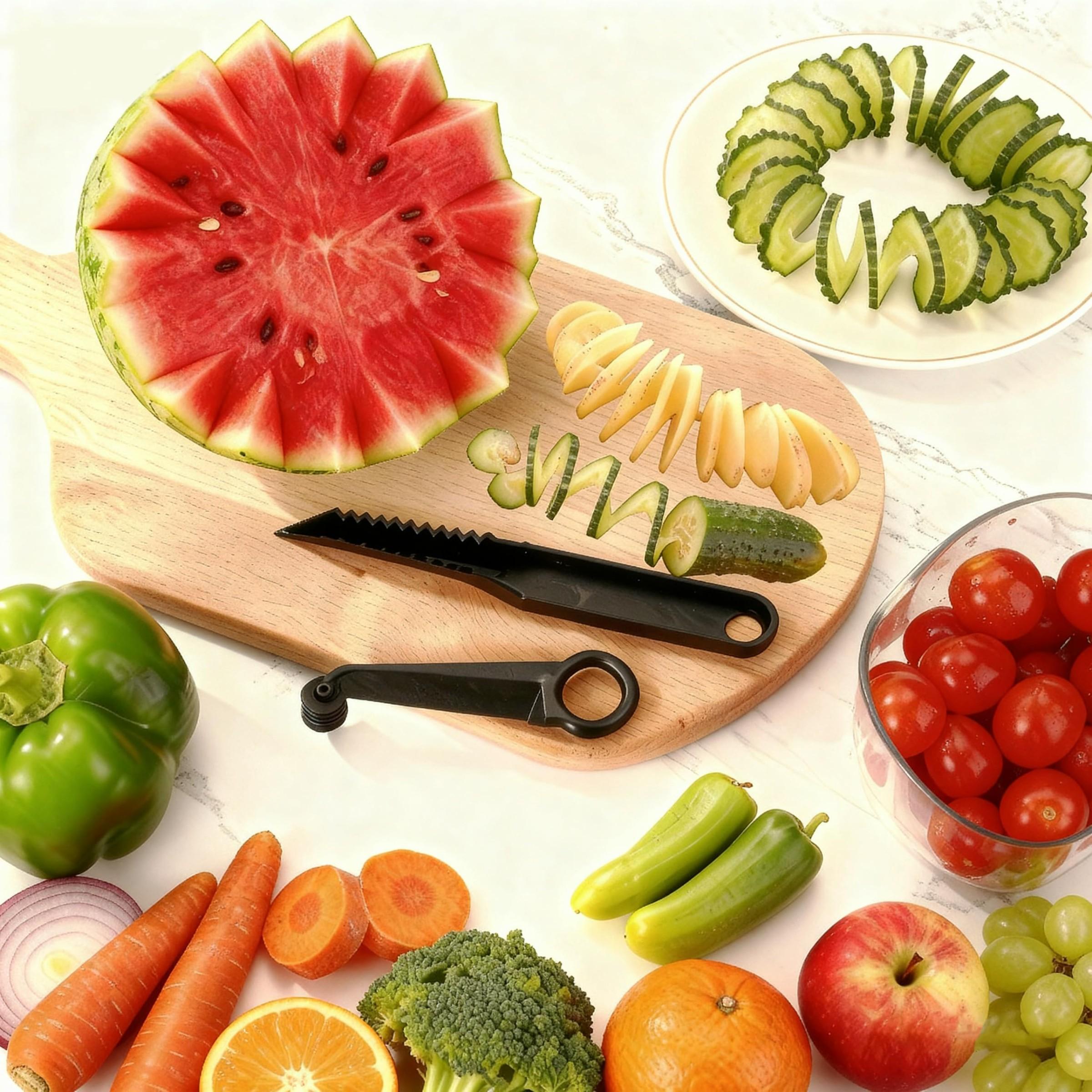 Multi-Functional Spiral Slicer & V-Shaped Carving Tool Set, Fruit Shape Cutter, Kitchen Accessories for Vegetables, Restaurant Tools