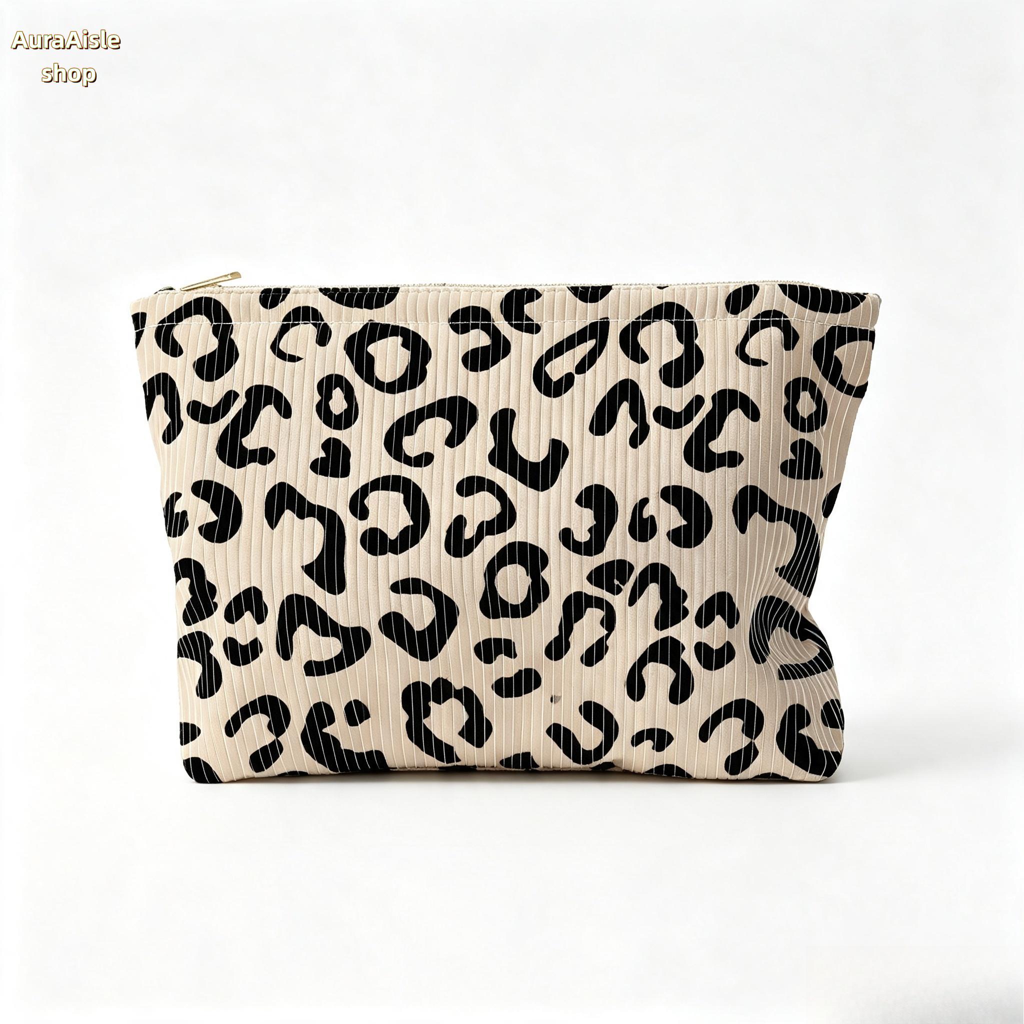 Leopard Print Corduroy Cosmetic Pouch, Lightweight Zipper Makeup Bag, Versatile Handheld Storage Bag For Daily Organizing, Weekend Travel And Outdoor Essentials