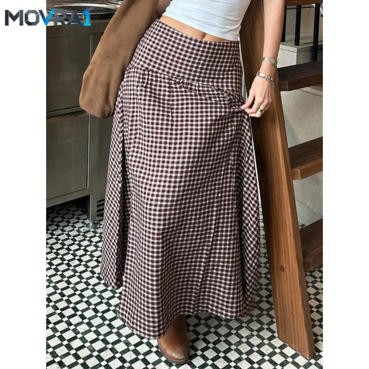 MOVRA1 Retro Vintage Gingham Plaid-Waisted Skirt, Vintage Skirt, Womenswear Bottoms, Elegant Lady Commute Casual Loose Fit A-Line Umbrella Skirt, Comfortable and Stylish, A Line Skirts, Vintage Pattern Skirt, Loose Skirt