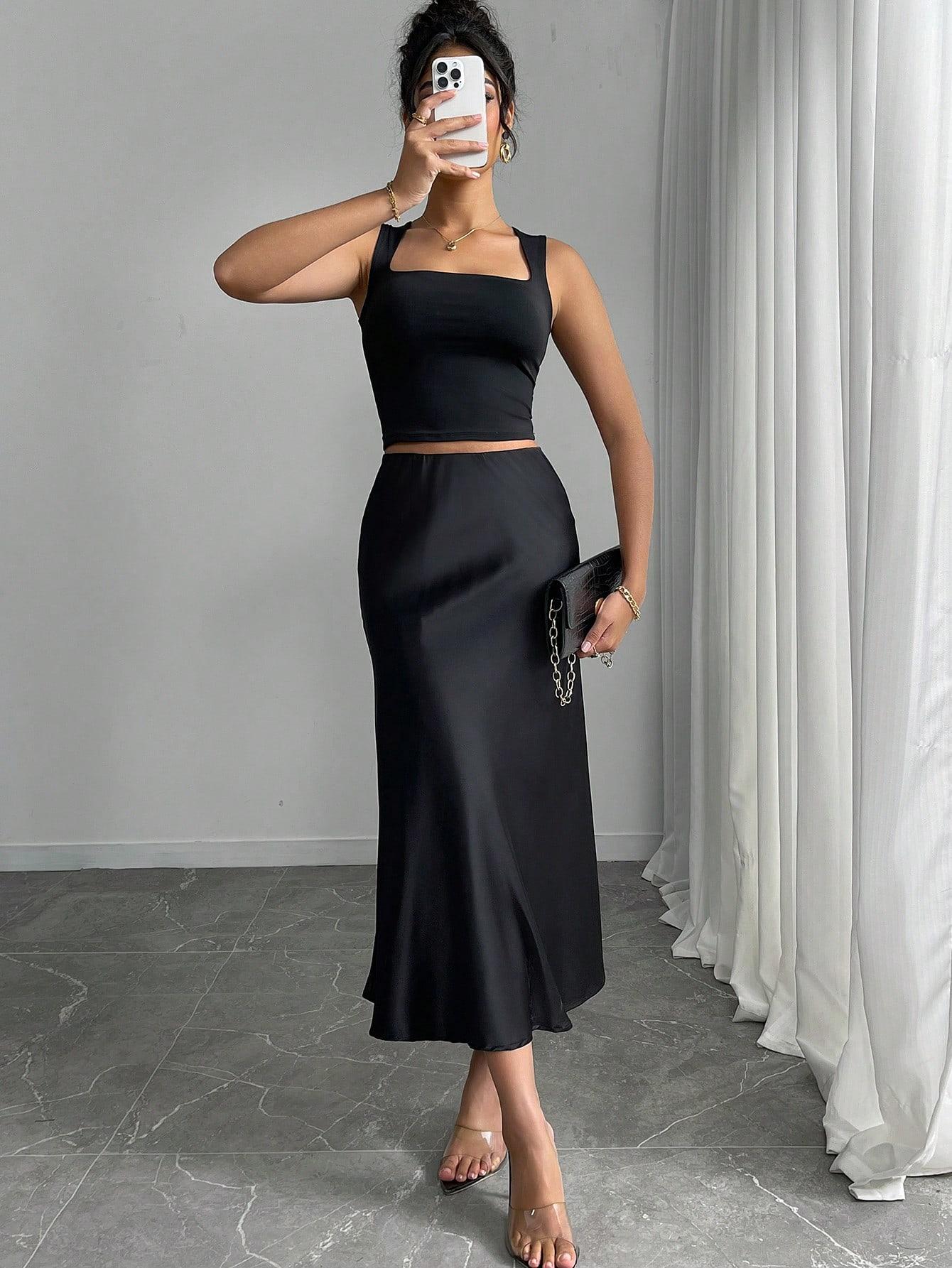 Elegant High Waist Satin Midi Formal Fashion Skirt, Spring & Fall Fashion, Slimming Solid Color Design, Women's Stylish Clothing