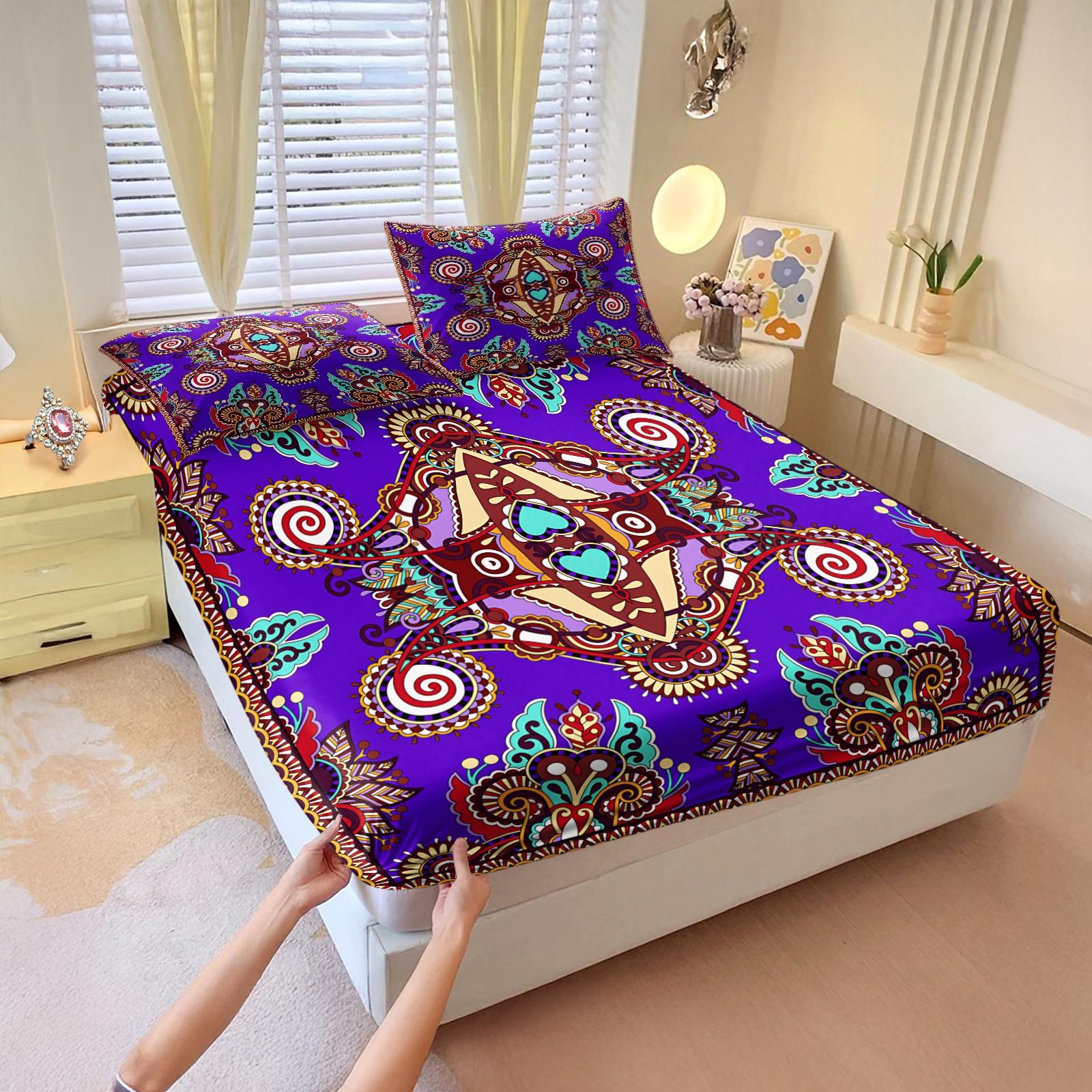 3Pcs Boho Paisley Printed Fitted Sheet Set, Vibrant Ethnic Style Bedding Set, Ultra-Soft Breathable Microfiber Bed Sheet Set, Deep Pocket All-Season Bed Linen, Ideal for Bedroom, Guest Room, Dorm Decor, Home Use