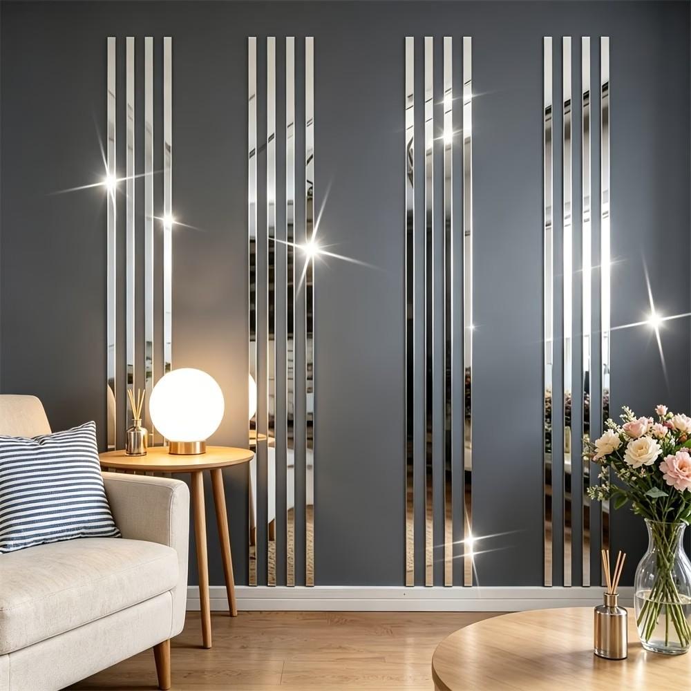 16 piece set, silver long acrylic mirror wall sticker, 5X50Cm self-adhesive waistline decorative strip, easy to install without drilling, suitable for fashionable decoration, living room, bedroom, ceiling frame, TV background wall filling sticker