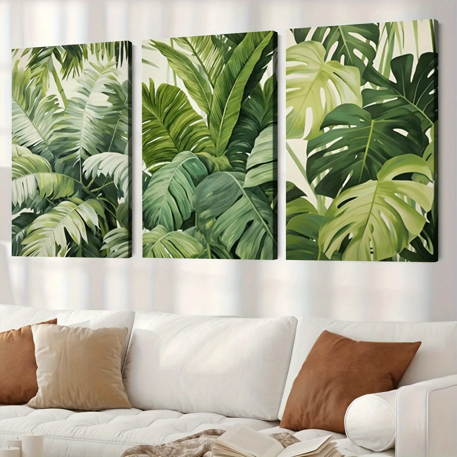 3Pcs Framed 2D Flat Canvas Wall Print, 3‑Piece Tropical Leaf Wall Art Set, Modern Green Palm Leaf Canvas Decor with Reusable Wooden Frame, Premium Canvas for Home and Office Living Space‑2D Flat Print