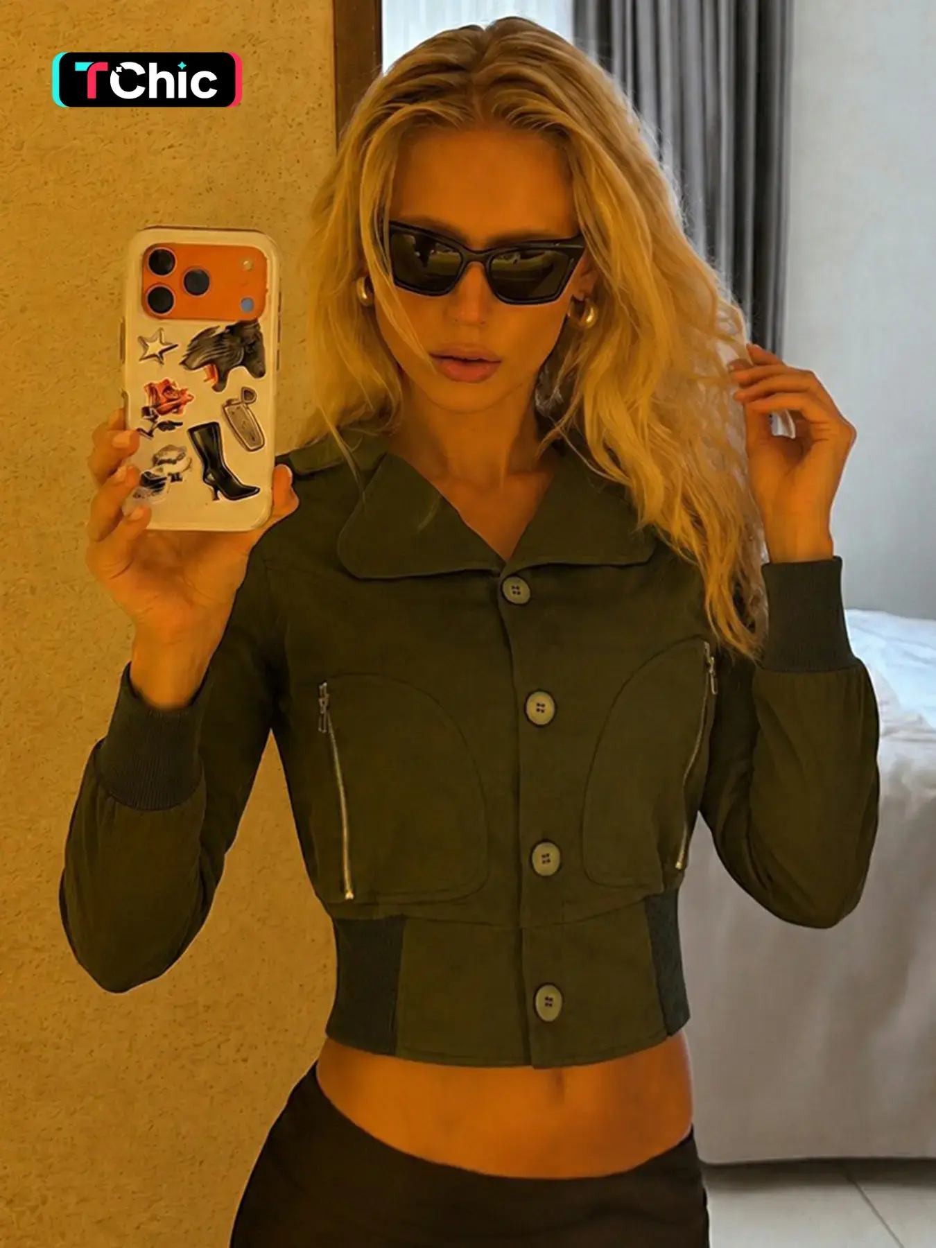 American Vintage Military Button Front Collar Slim Fit Long Sleeve Jacket, Fall Winter Women's Workwear Zip Pocket Short Outerwear
