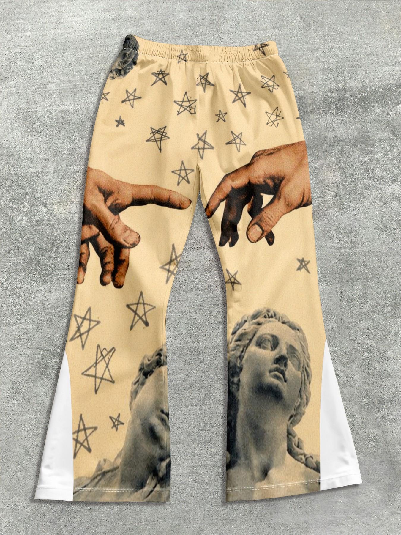 Vintage Men's Renaissance Print Pants, Loose Bell Bottoms, Drawstring Sports Long Pants, 3D Soft Breathable Fabric, Casual Daily Wear