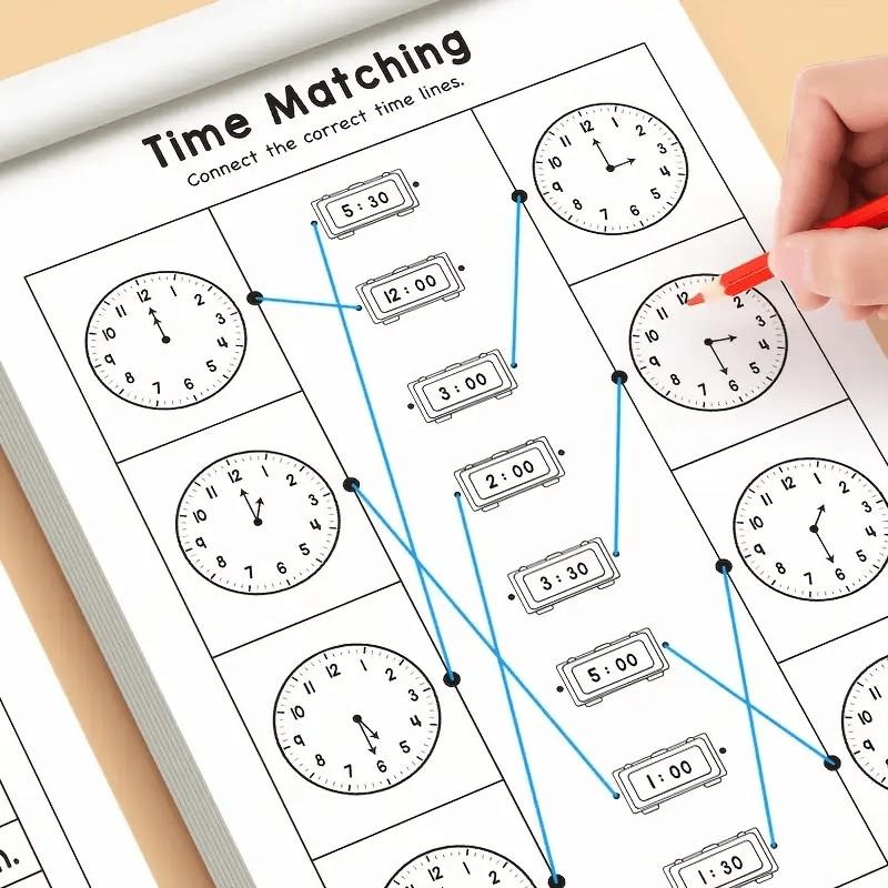 32 Page Math Clock Time Practice Book, Fun Mathematics Book for Preschool to Grade 1, Arithmetic Book, Suitable for Home or School Use