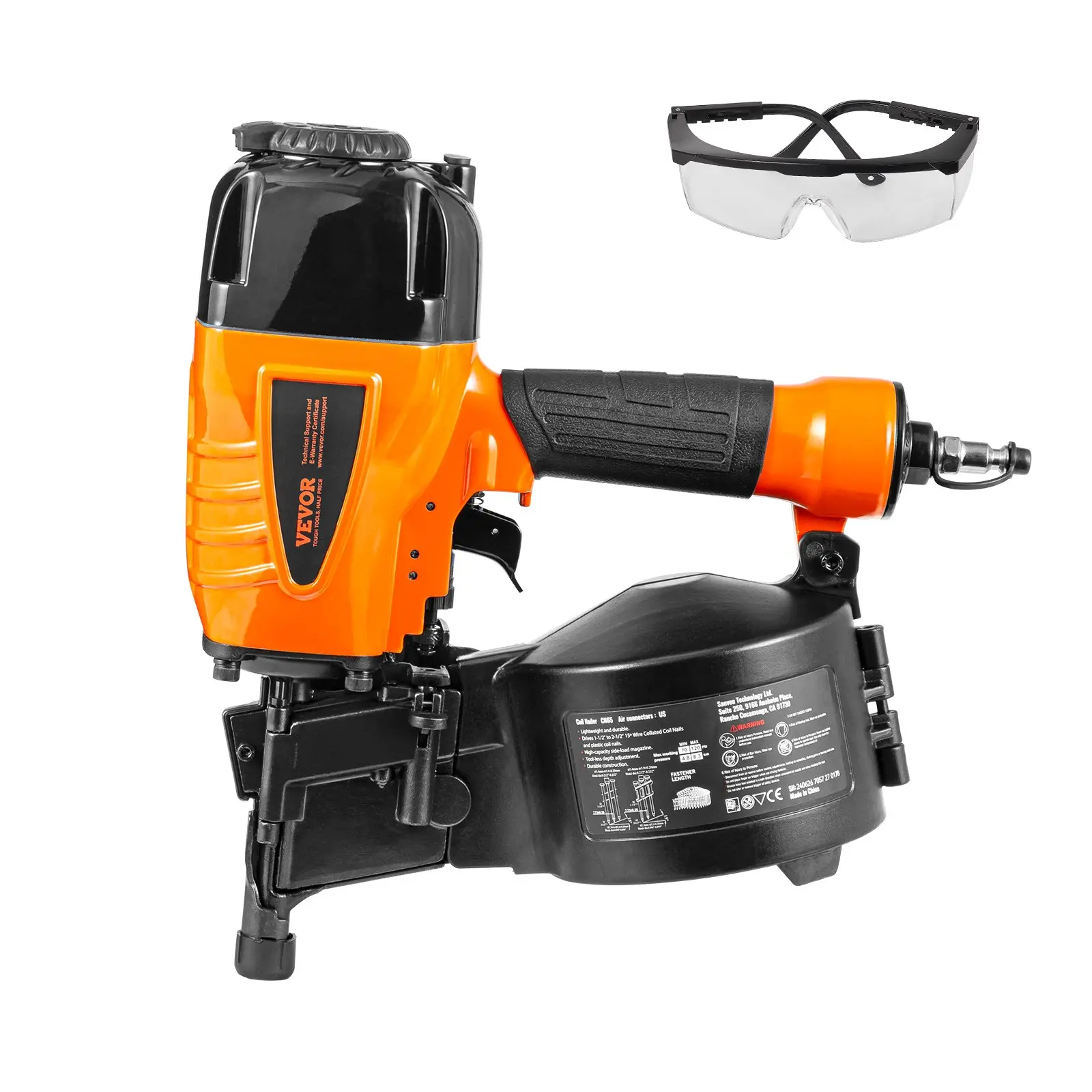 VEVOR Coil Siding Nailer CN65, 1-1/4" to 2-1/2" 15 Degree Pneumatic Siding Nail Gun with Tool-Less Depth Adjustment, 70-120PSI Air Coil Nailer for Siding, Pallet Sheathing, Wooding, Fencing, Decking, Cn65 Model