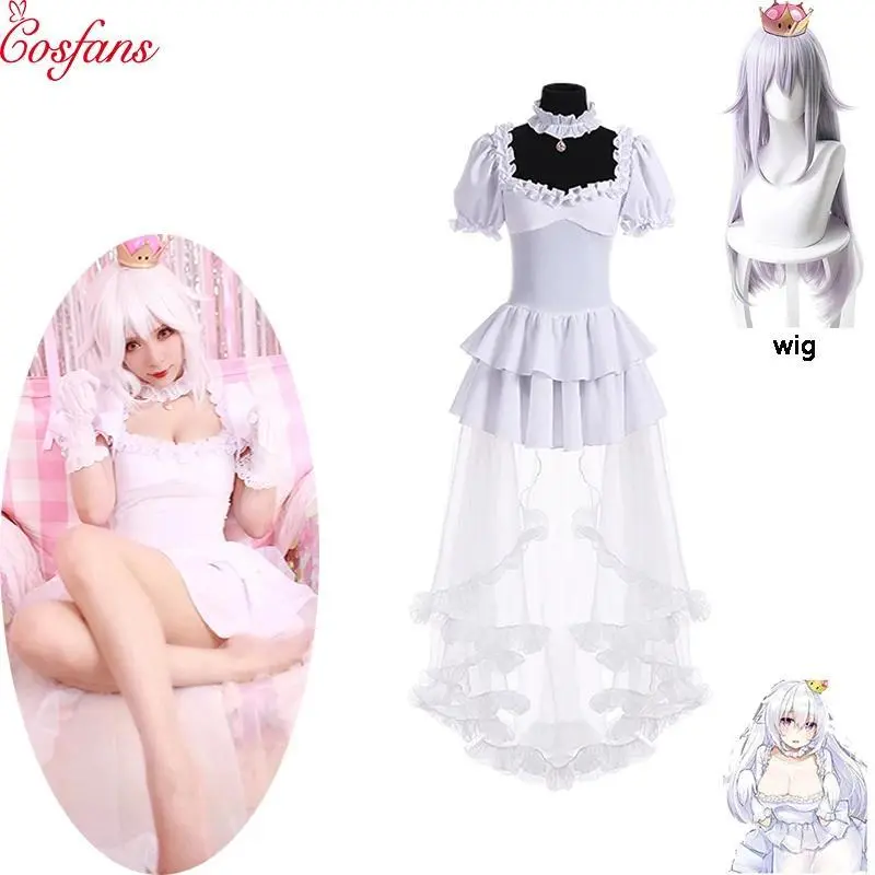 Boosette Cosplay Costume Bowsette Cosplay Princess Koopa White Costume Women Long Dress Ball Gown Retro Medieval Dress and wig
