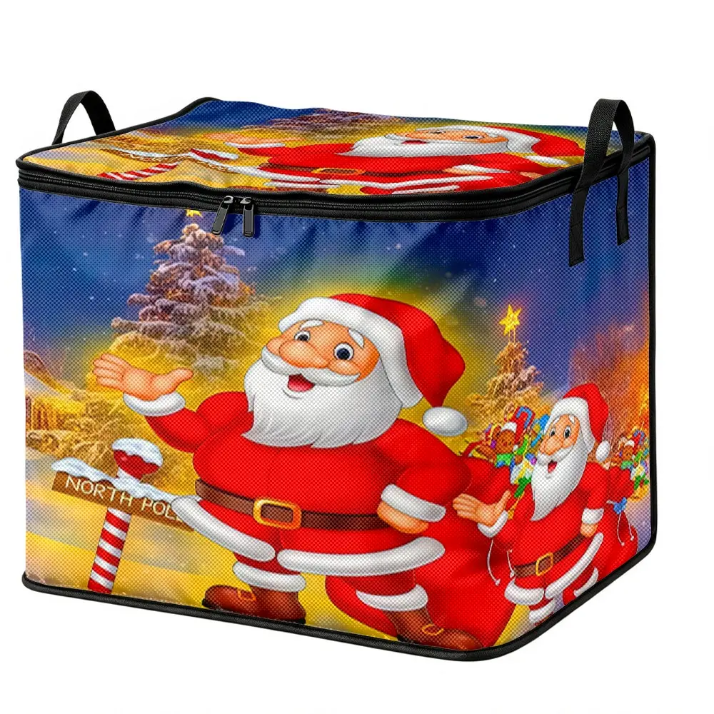 Santa Claus Printed Non-woven Storage Box, Zippered, Portable, Foldable Christmas Storage Bin, Dustproof Organizer for Household Clothes, Toys and Holiday Decorations, Non-woven Storage Box, Christmas Storage Box