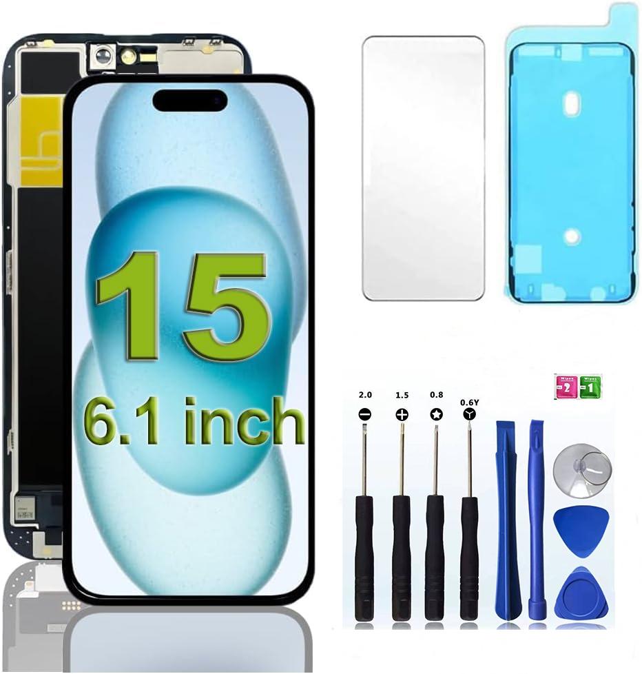 for iPhone 15 Screen Replacement 6.1 inch, 3D Touch LCD Display Digitizer Assembly with Repair Tool