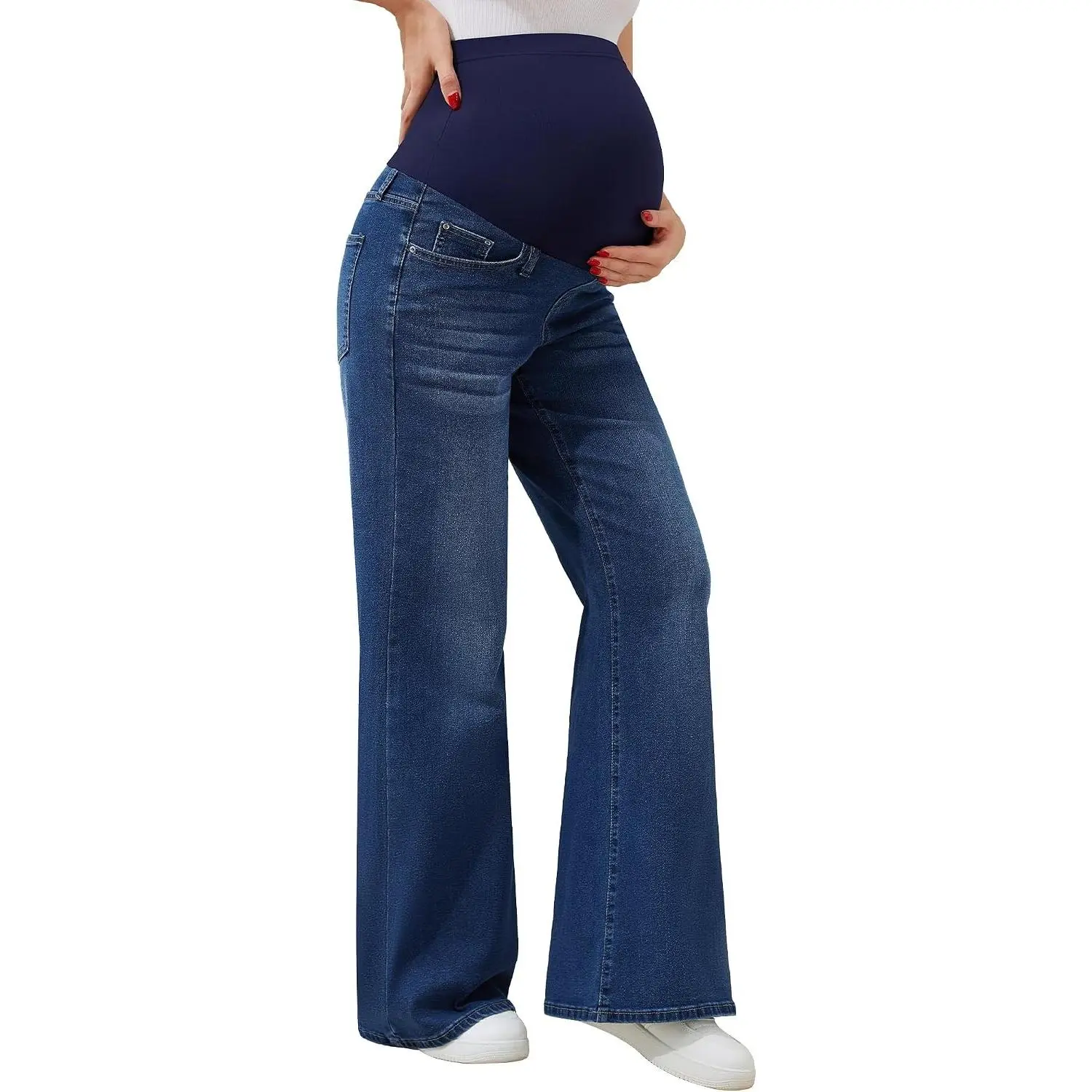 Women's Maternity Wide Leg Jeans Bootcut Over The Belly Stretchy Flare Pregnancy Denim Pants with Pockets