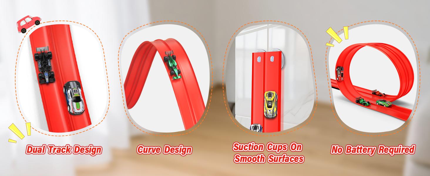 Hotfree Flex Tracks 15Ft for Kids, STEM Flexible Race Car Ramp Track with 4 Small Racecars 12 Suction Cups and 1 Hook, Compatible with Hot Wheels and Diecast 1/64 Cars, Rolls Up Portable Racetrack for Ages 3+, Easter Toy Birthday Christmas Gifts for Kids