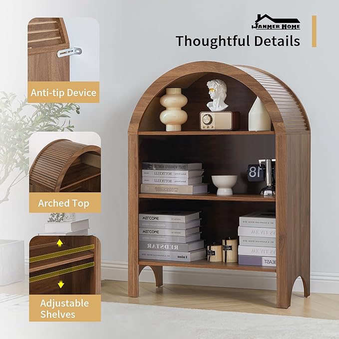 Giratree Freestanding Arched Bookcase, Modern 3-Tier Open Bookshelf, Low Short Bookshelf with Adjustable Shelves, Arched Storage Display Cabinet Organizer for Office, Living Room