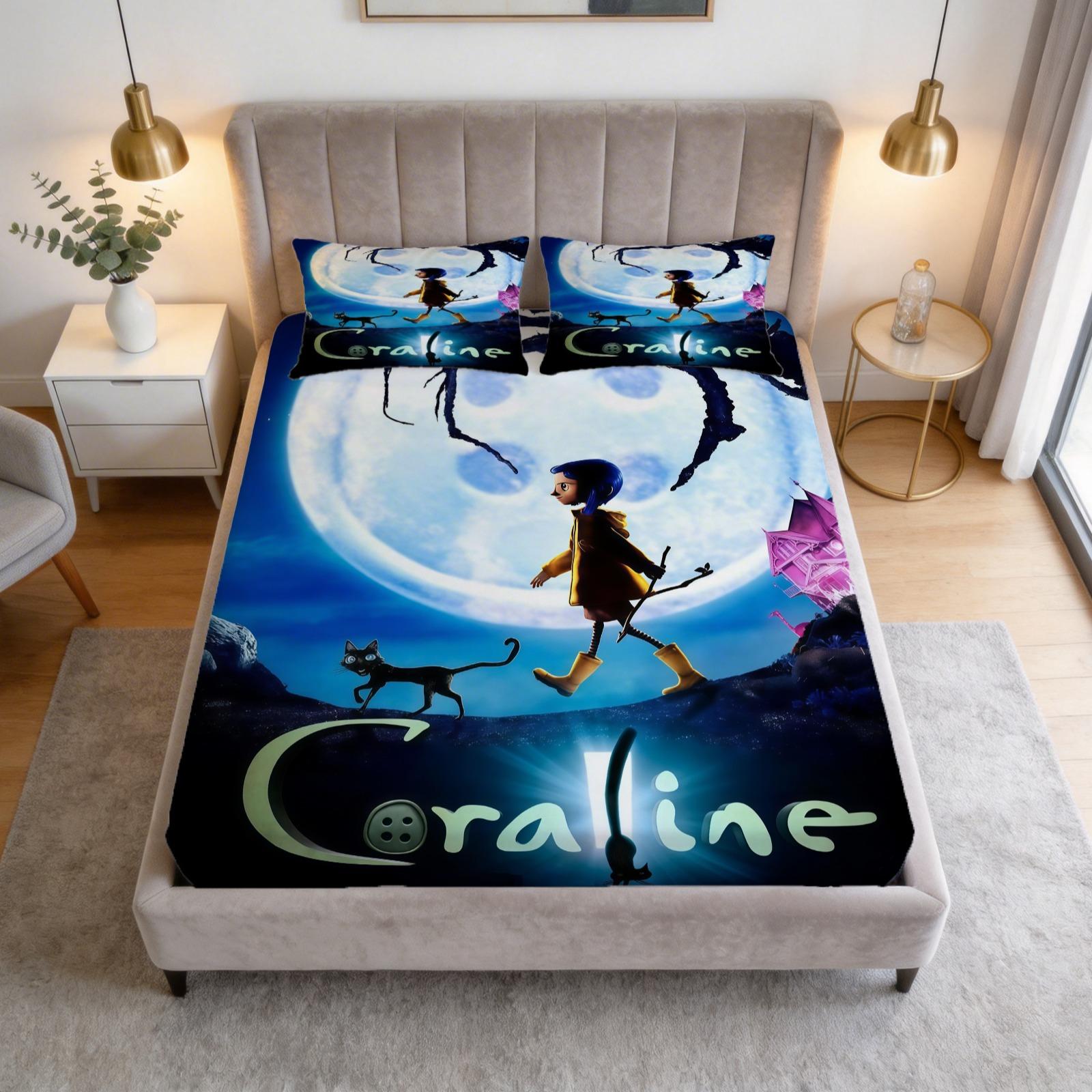Coraline Printed Pattern Bed Sheet Set, Halloween Themed Decoration, 1 Bed Sheet With 2 Pillowcases (Excluding Pillow Core), Suitable For Teenage And Adult Bedrooms, Suitable As Decoration And Gift