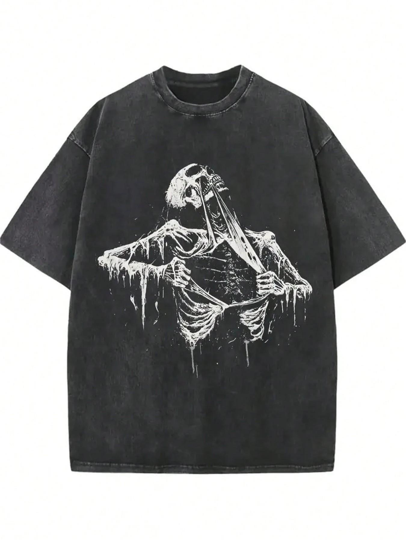 Vintage Washed Skull T-Shirt, Loose Fit Y2K Gothic Skull Print Short Sleeve, Street Punk Rock Casual Top, Men's Retro Hip Hop Summer Tee