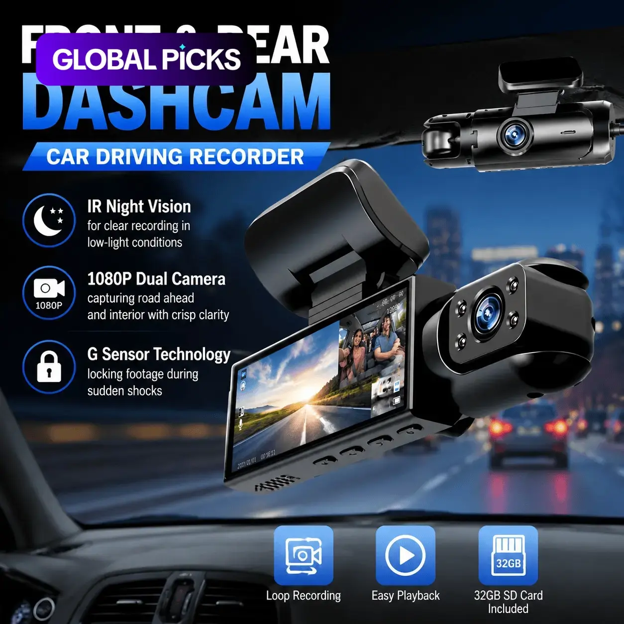 Dual-Recording Dash Cam, 1080P HD Wide Angle Lens, 3.16 Inch IPS Display, IR Night Vision, 32GB Memory Card Included, Car Safety Monitor, Automotive Dual Dashcam
