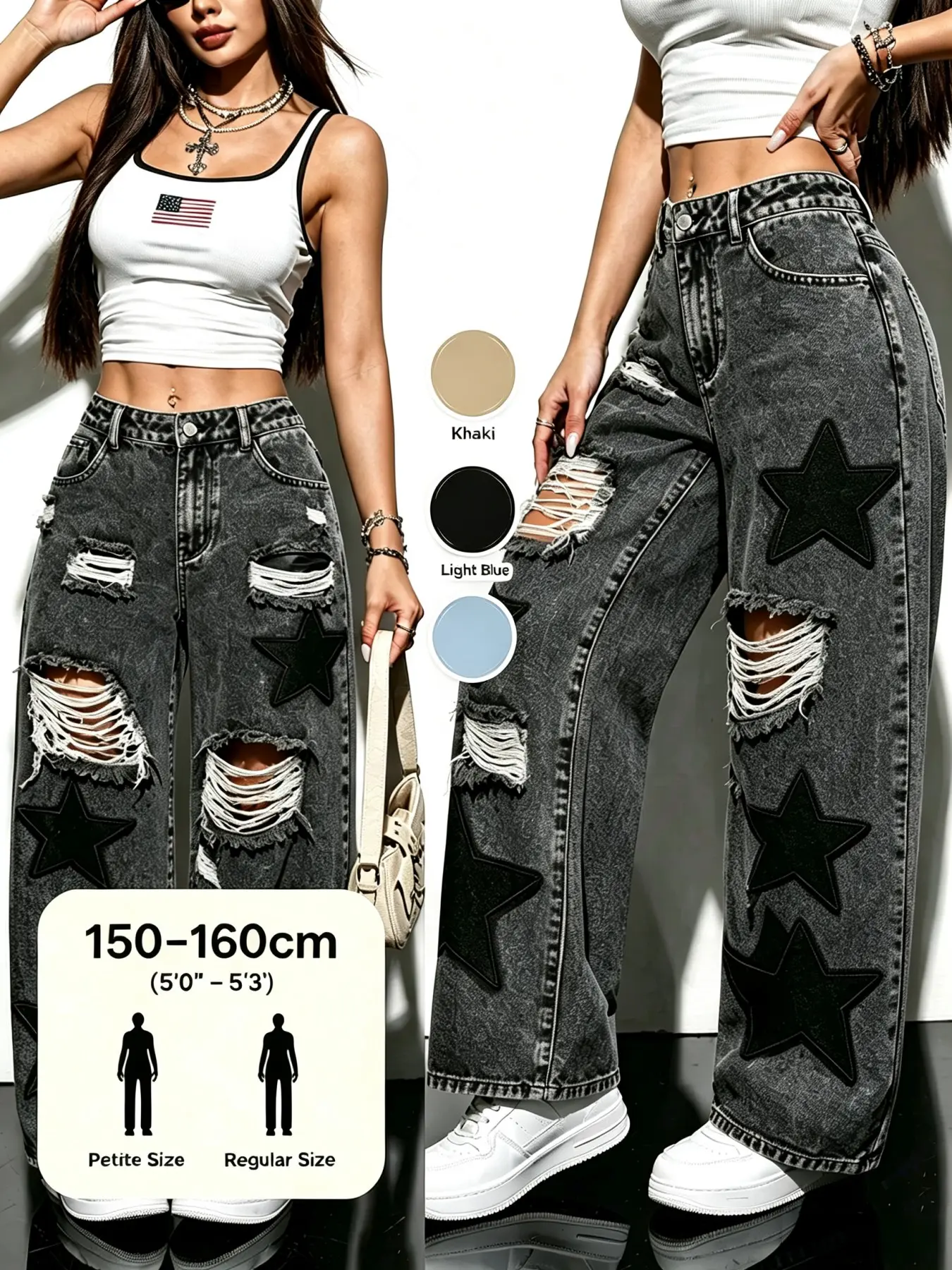 Y2K High-Waisted Ripped Wide-Leg Jeans, Chic Fashionable Star Patch Denim Jeans, Casual Party Wear, All-Season Loose-Fit Trousers