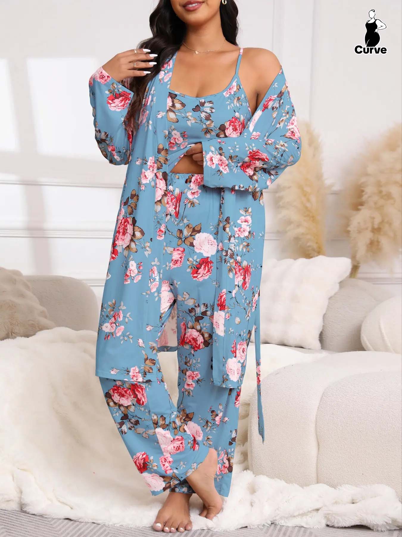 Plus Size 3-Piece Set Floral Print Belted Lounge Robe & Cami Top & Elastic Waist Pants Pyjama Set, Elegant Comfy Women's Sleepwear for Spring & Fall