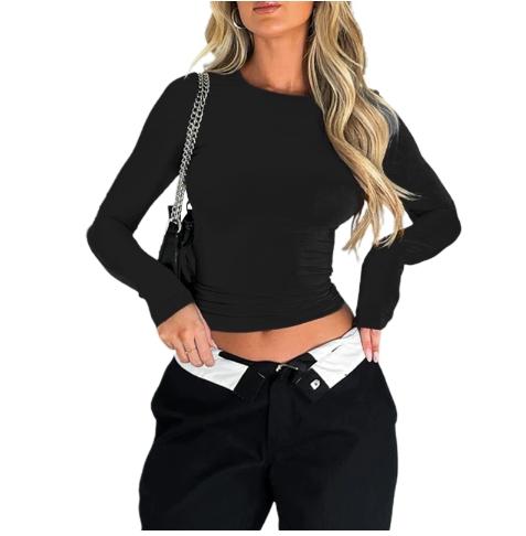 NewWomen's new fashion round neck long sleeve cropped T-shirt, casual round neck T-shirt, 2025 summer clothing, women's slim fit tops, suitable for band club music festival party daily wear