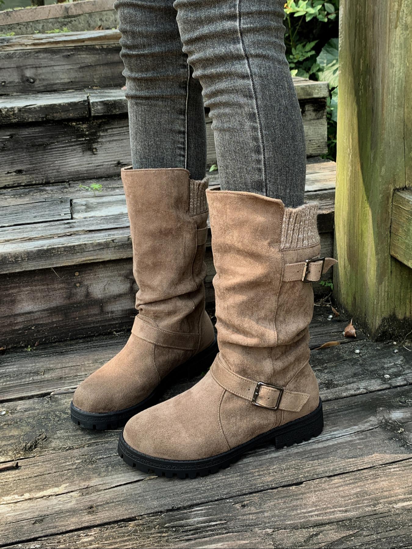 Comfortable mid calf suede women's boots for autumn and winter, Round Toe Boot, with a retro flat design that is comfortable and versatile, perfectly fitting the legs, and suitable for autumn and winter fashion boots
