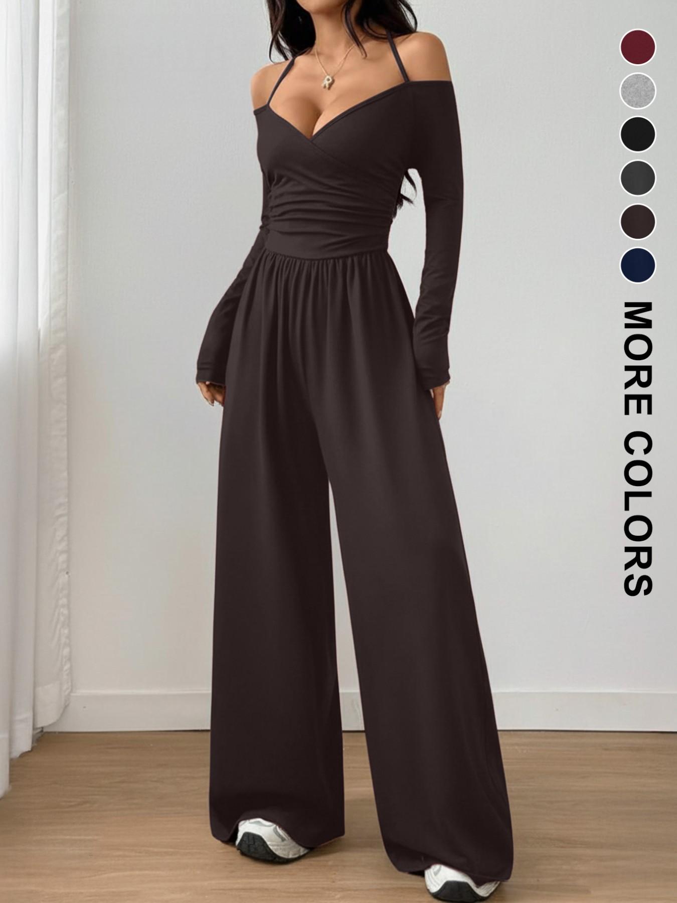 Women's Spring Summer Plain Knit Fashion Design Off-Shoulder Pleated Wide Leg Jumpsuit, Casual Daily Commute Pants, Slim-Fitting