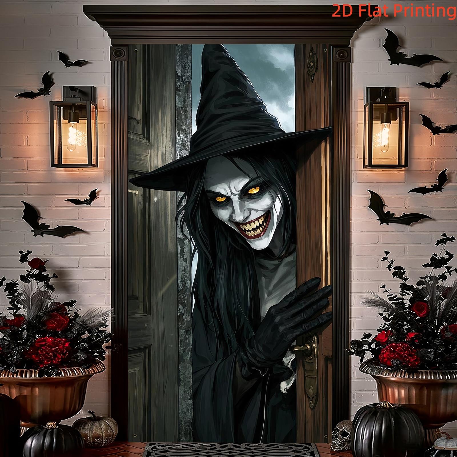 2D Flat Banner 1pc Halloween Horror Witch Door Curtain Dark Wind Printed Background Fabric, Haunted House Party Entrance Decoration Hanging Cloth, Polyester Material, Decorative Banner