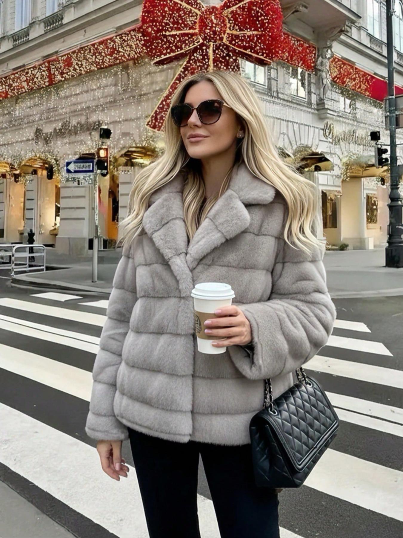 Women's Winter New Faux Fur Jacket Coat, Vintage Loose Fit Long Sleeve Stand Collar, Fashionable Daily Wear Outerwear Womenswear