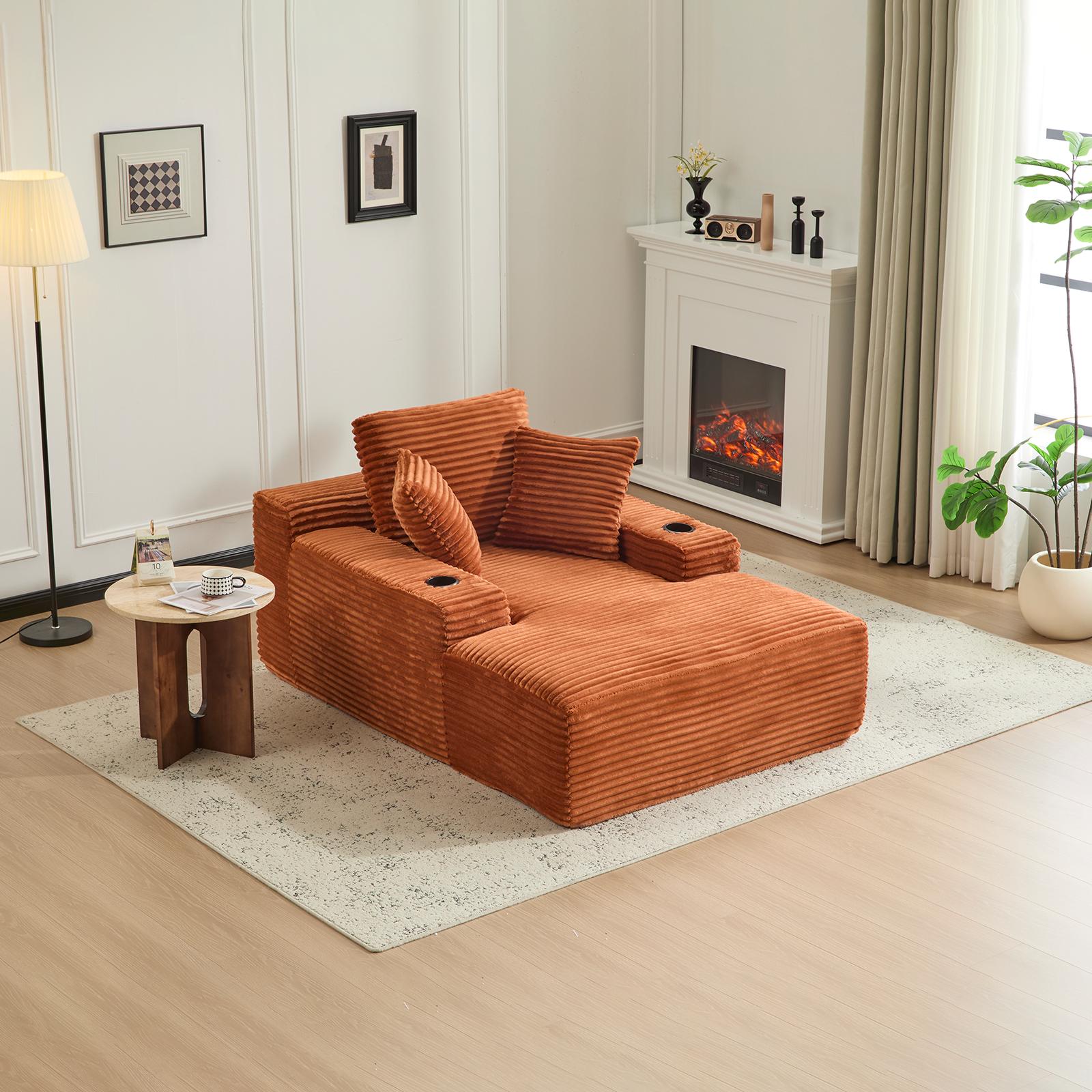 QAK 64‘’ Boneless Chaise Lounge, Upholstered Sofa Bed with Throw Pillows and Armrests, Indoor Sleeper Chair Luxurious Plush Corduroy Chair Bed for Living Room No Assembly Required