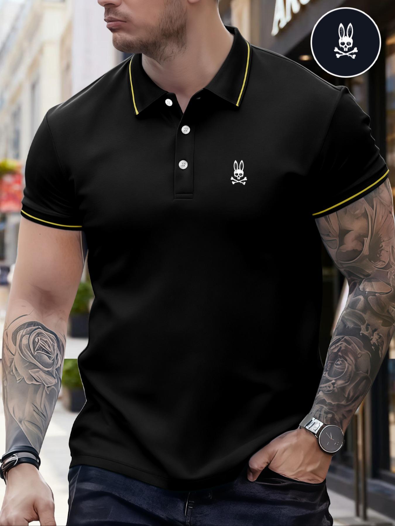 Men's Regular Fit Letter Print Skull Rabbit Contrast Trim Polo Shirt, Casual Short Sleeve Half Zip Top for Summer, Fashion Men's Clothes for Daily Wear, Menswear