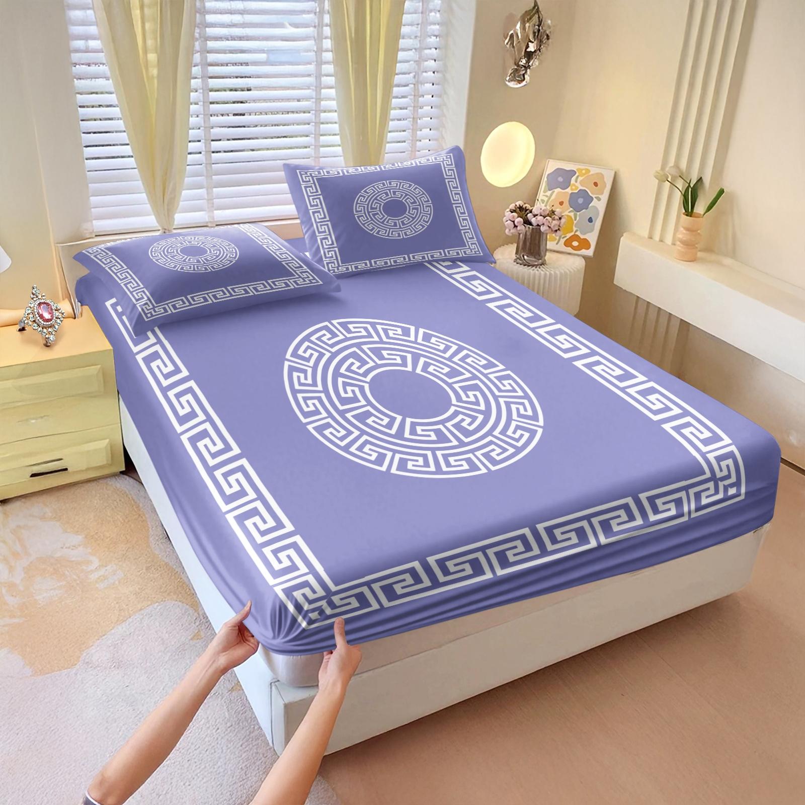 3 Pcs Solid Color Geometric Pattern Fitted Sheet Set,Includes 1 Fitted Sheet & 2 Pillowcases without Filler,Minimalist style, vintage and sophisticated look, soft and comfortable, Soft Bedding Sheet,Suitable for all seasons,Multiple styles available.