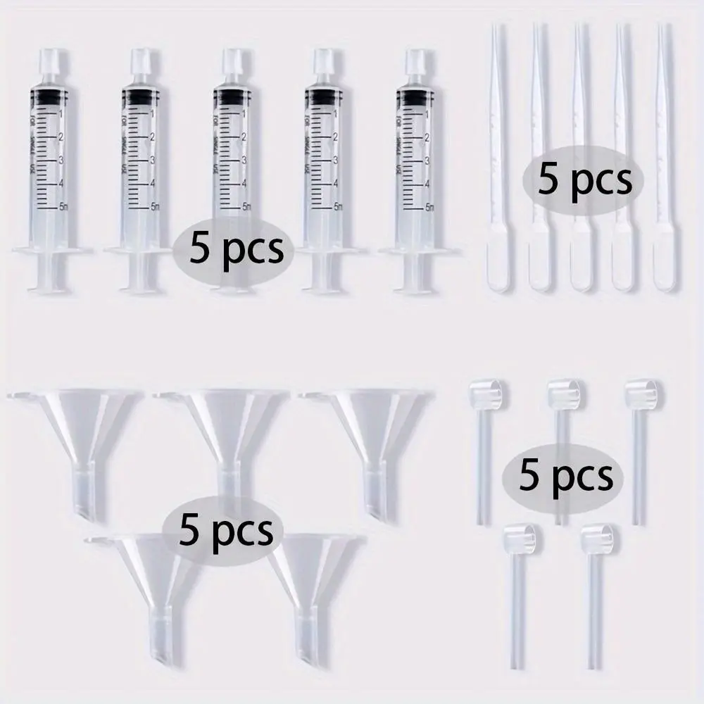 5-Piece Plastic Funnel Set, 5 Pipettes, 5 Droppers, 5 Syringes, Perfume Refill Kit, Ideal for Travel & DIY Cosmetics
