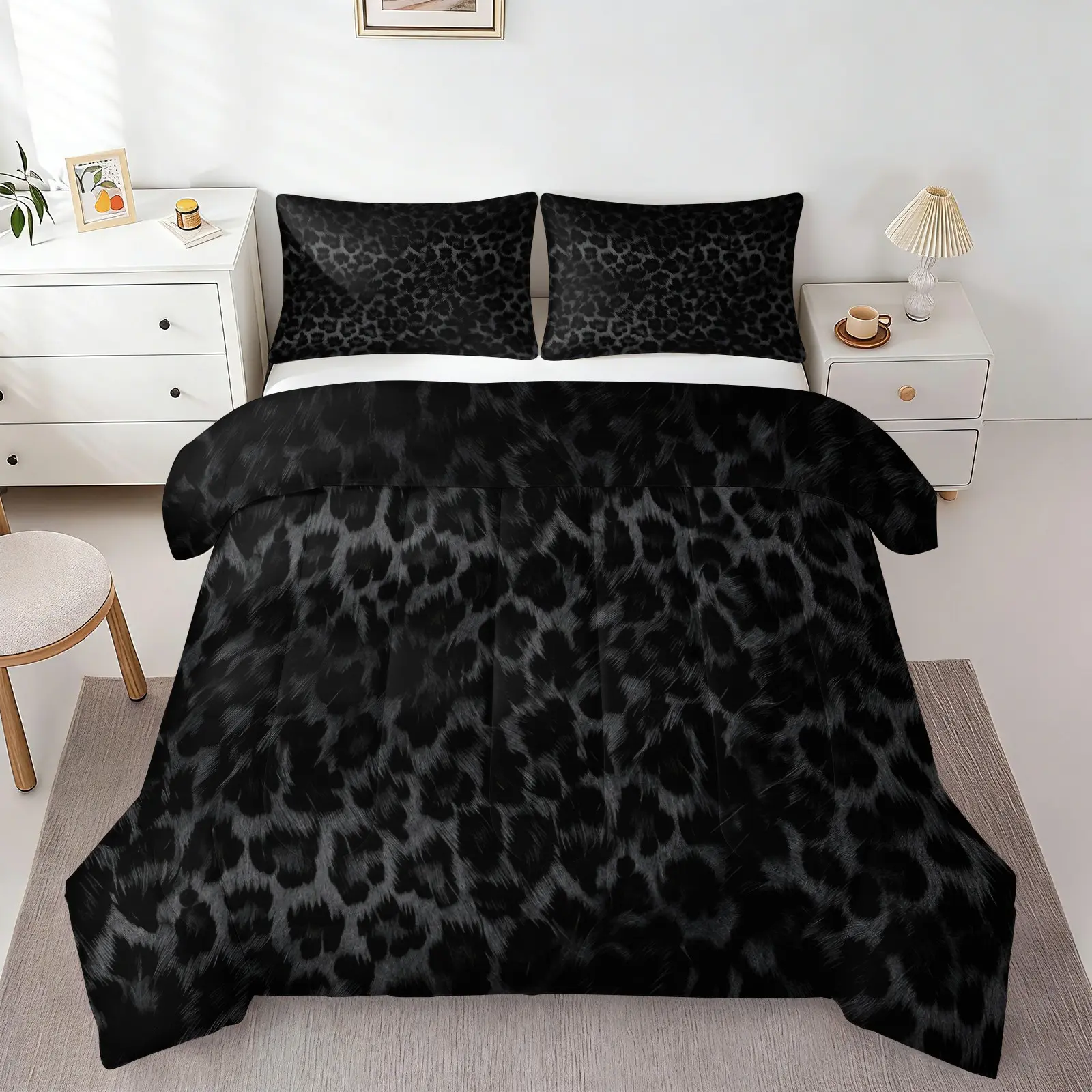 2/3Pcs Black Grey Leopard Print Comforter Set, Dark Wild Animal Pattern Bedding Set, Soft Microfiber 1 Comforter & 1-2 Pillowcases, Gothic Aesthetic Bedroom Decor for Teens Adults, No Pillow Insert, Comfy Bedding Set