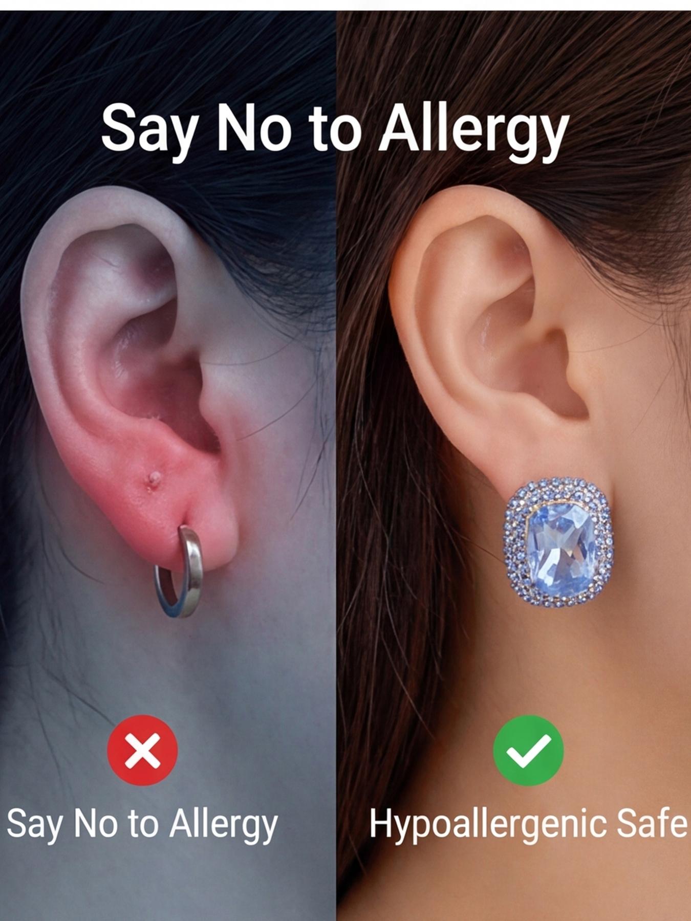 Women's Hypoallergenic Luxury Cushion Cut Blue Sapphire Crystal Stud Earrings, Gold Plated Halo Rhinestone Inlaid Statement Earrings for Evening Party Wedding Formal Wear & Gift