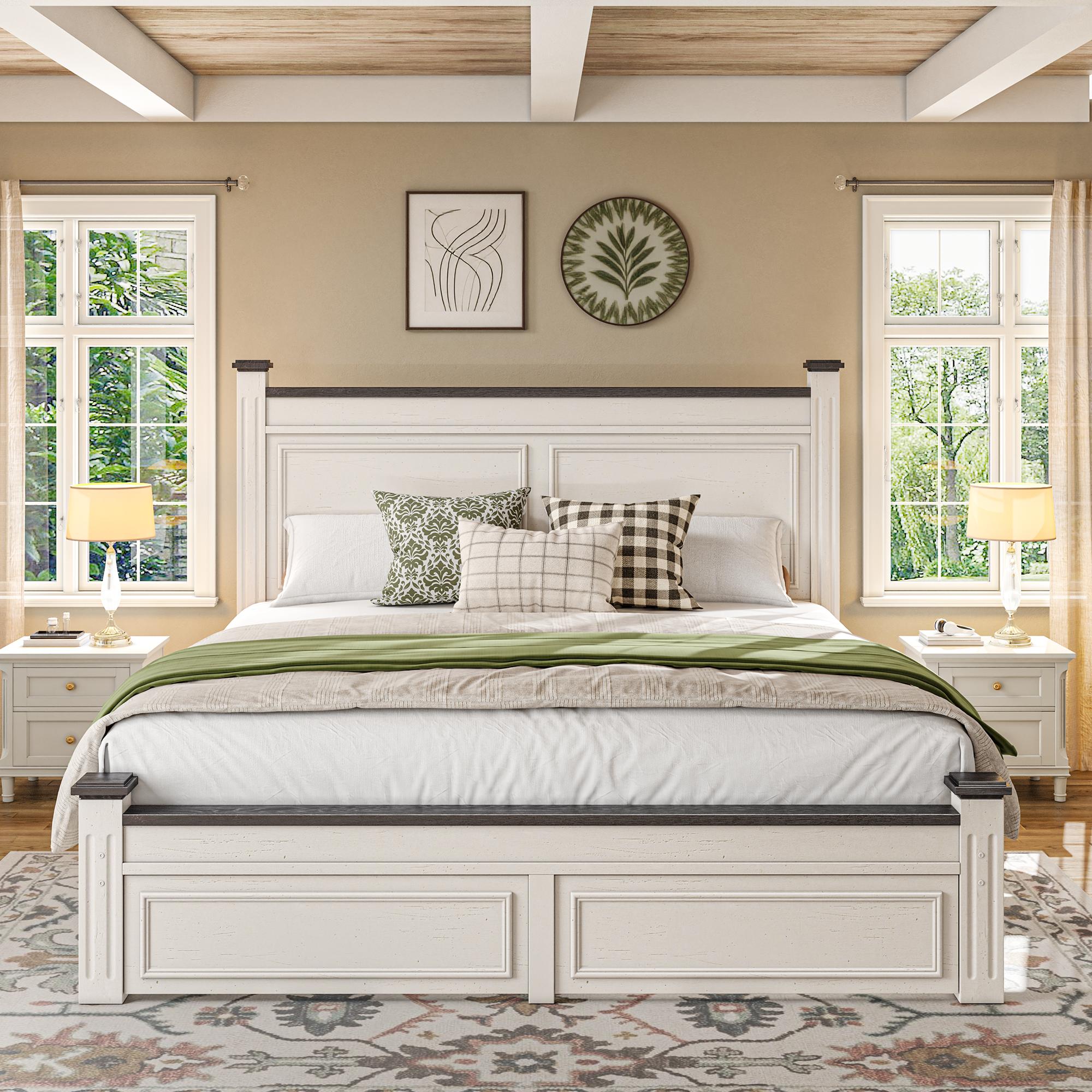 Raybee Wooden Bed Frames for Queen Size, King Bed Frame with 2 Drawers & 51.25" H Tall Headboard,Modern style Solid Wood Bed Frame/Durability& Silent /No Box Spring Required/Easy Assembly/Luxury Bedroom Furniture Design