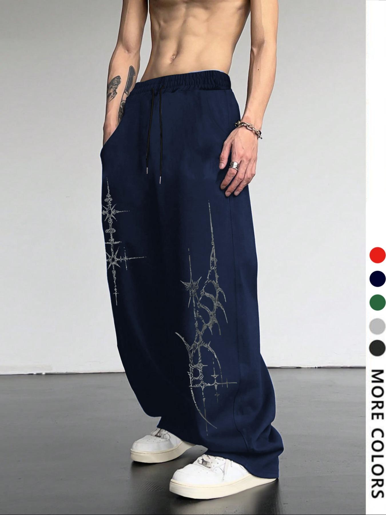 Men's Casual Sporty Wide-Leg Pants, Cross Pattern Long Sweatpants, Men's Loose-Fit Clothing for All Seasons, Drawstring Waist Baggy Pants, Athleisure Style Sweatpants, Graphic Print Sweatpants