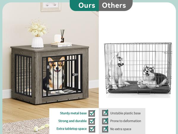 DWVO Dog Crate Furniture for Large Dogs, Side End Table, Modern Dogs Kennel Indoor up to 60 lb, 2-in-1 Iron-Wood Fusion Dog Cage with Waterproof Top, Safety Corners, Steel Lock