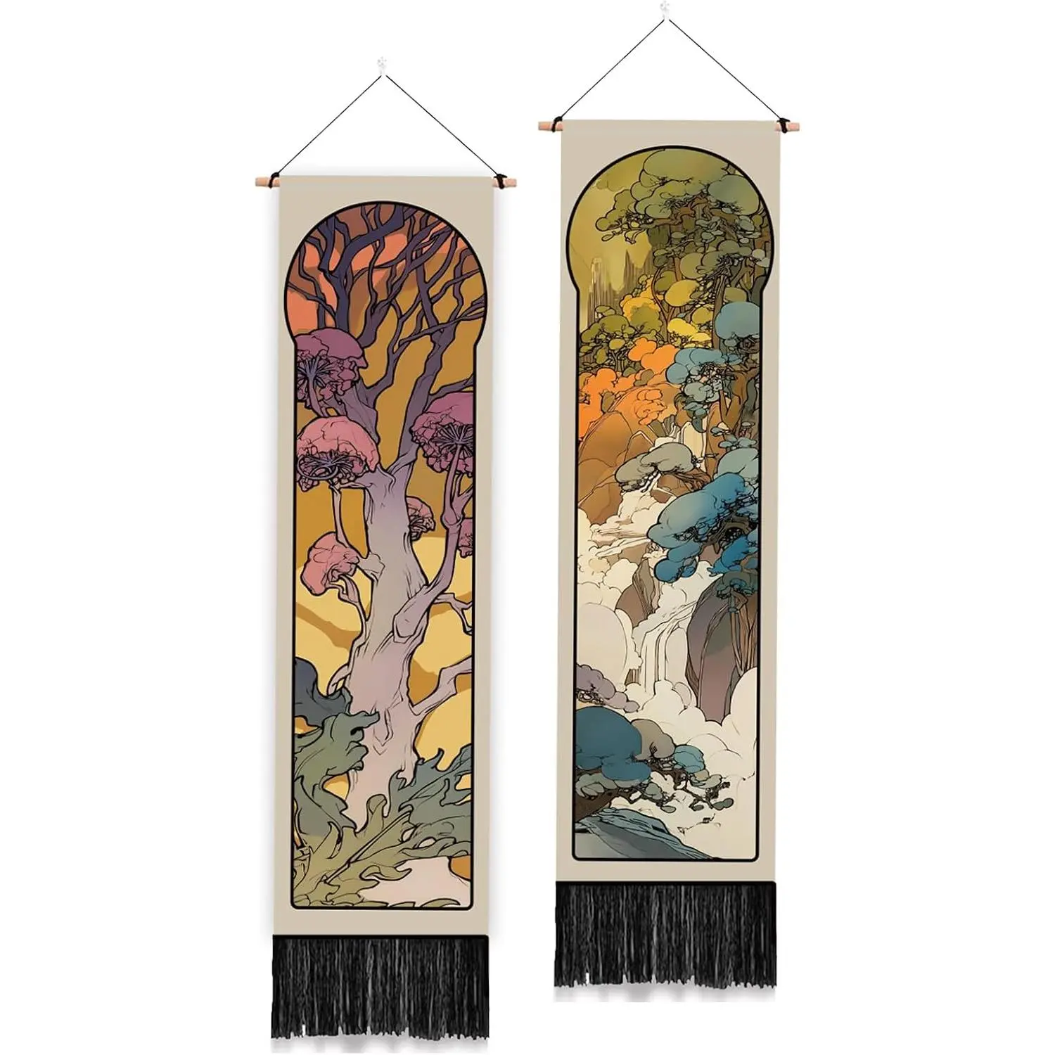 PLIGREAT 2-Pack Mucha Art Polyester Long Tapestry - Arched Landscapes Artistic Print Narrow Vertical Wall Hanging with Tassels for Living Room, Bedroom, Home Decor, Gift Idea