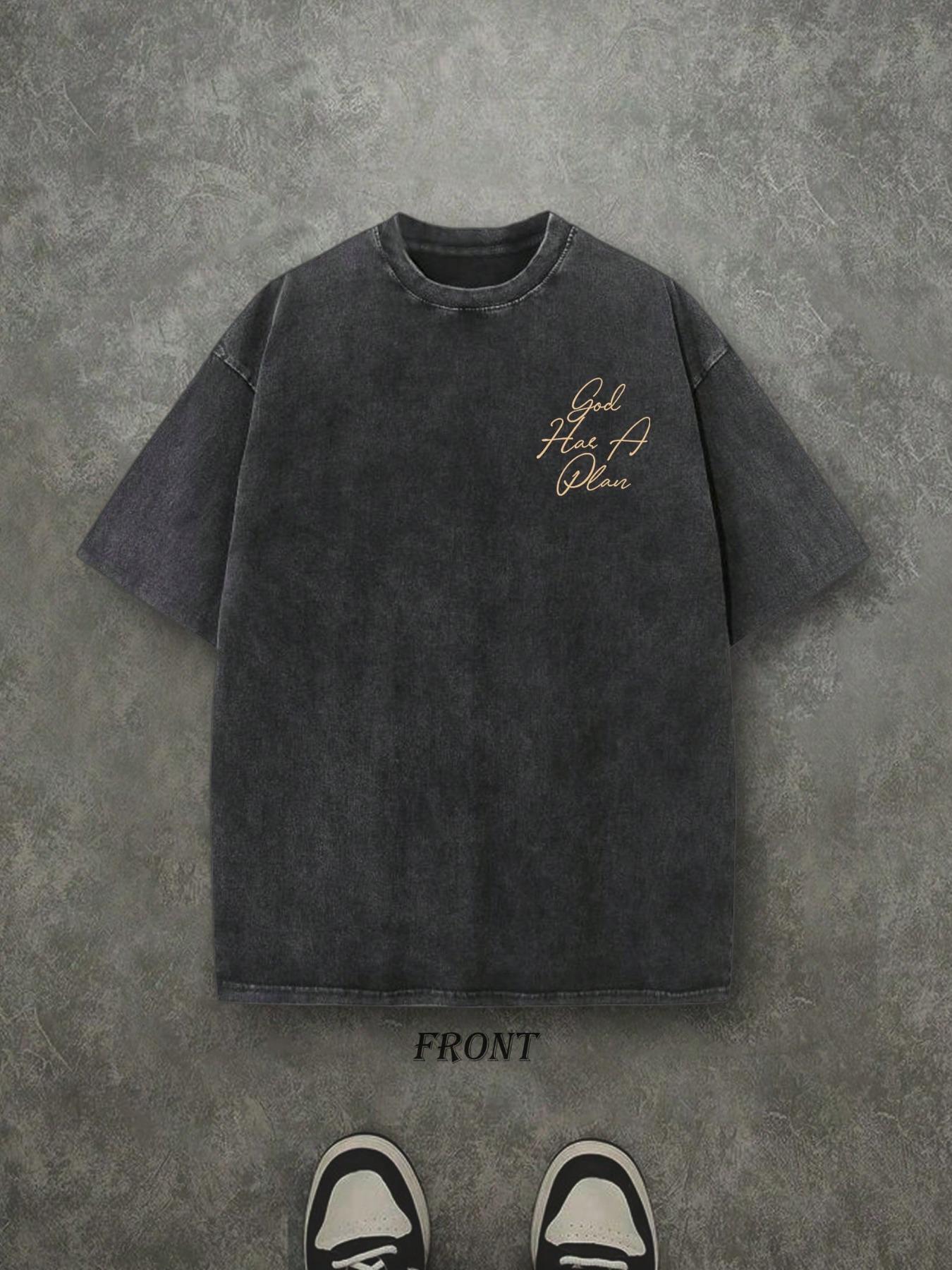 Men's Vintage Washed T-Shirt, Dual-Sided Print, 230 Pure Cotton Material, God Has His Own Plan Letter Print, Casual Street Style