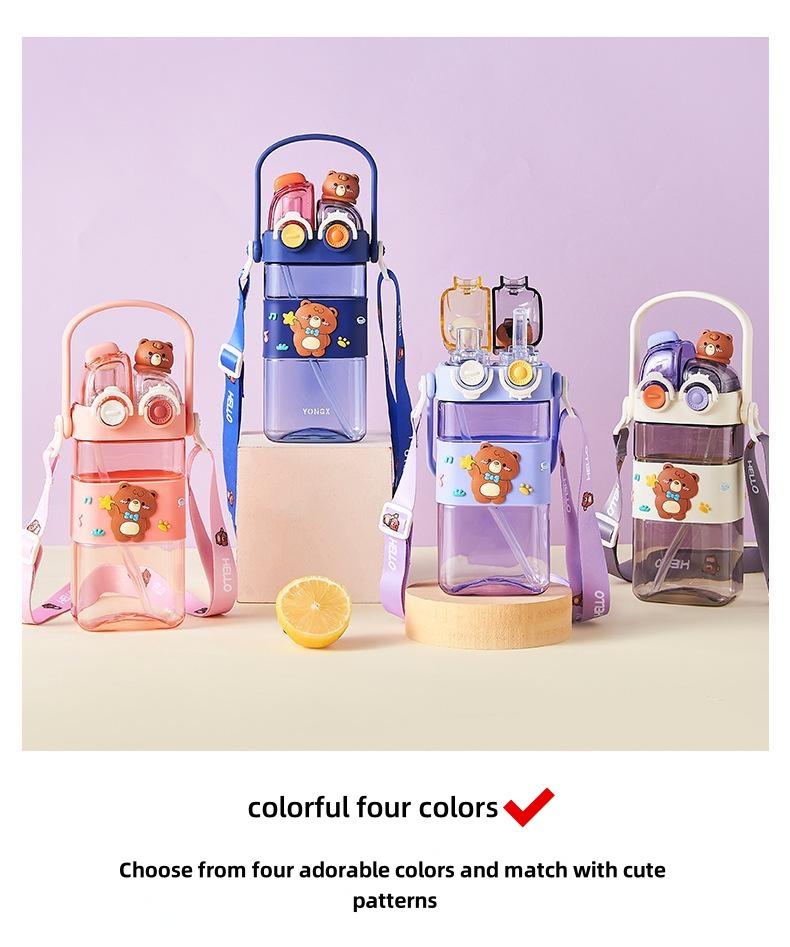 UFORU Cartoon pattern children's drinking cup 1 large capacity water bottle two drinking methods home office school drinking cup with straw lanyard children's gift Cute Tumbler Wide Mouth Set Reusable Drinkware Portable