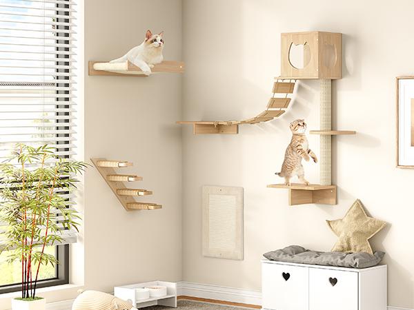 HOOBRO Wood Cat Wall Shelves, Set of 5 Cat Wall Furniture, Cat Corridor, Cat House, Cat Plush Hammock, Scratching Board and Cat Climbing Shelves, Sturdy, Durable and Safe, Natural