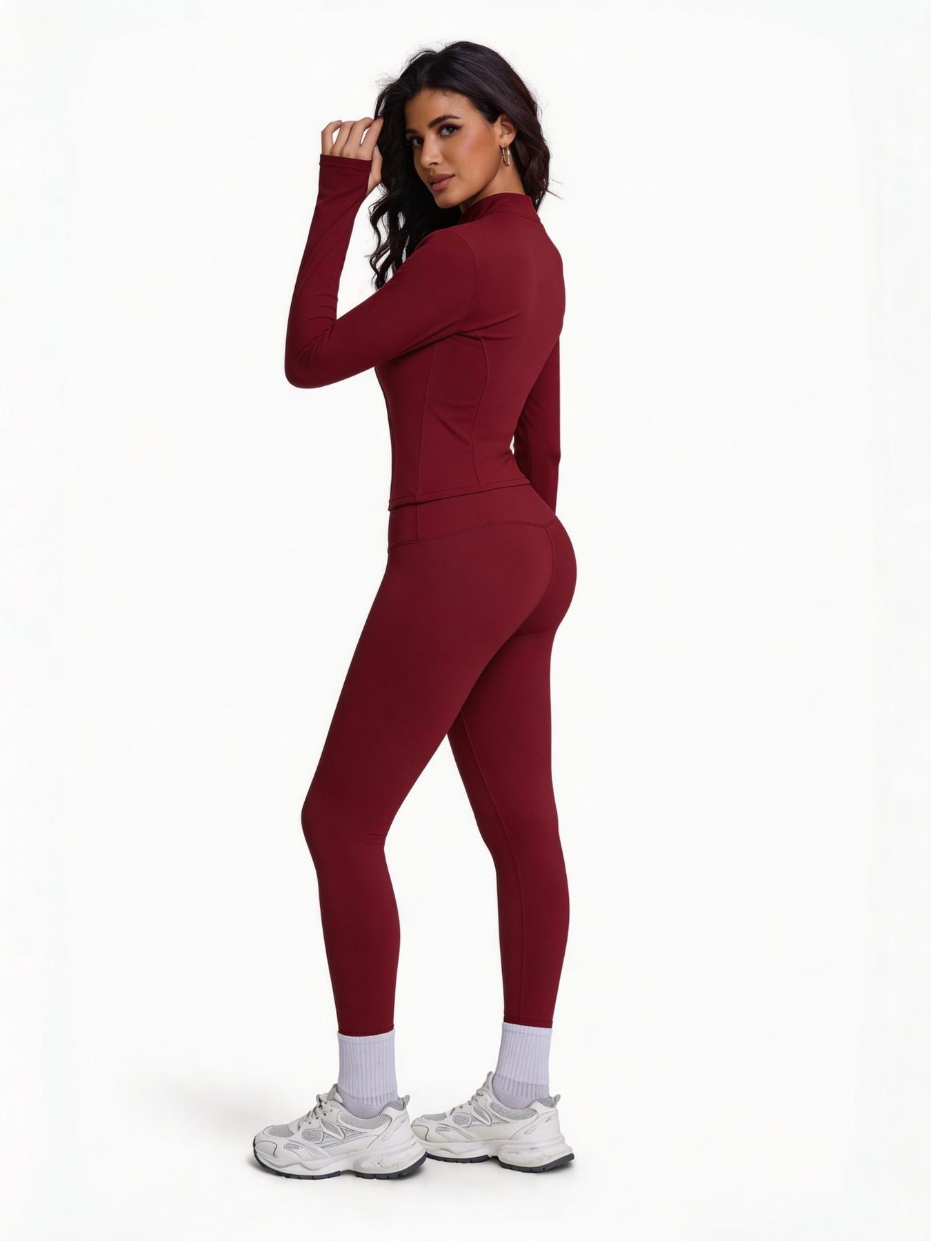 Women's Two-Piece Sport Set, Long Sleeve Zipper Yoga Jacket & High-Waist Tight Pants, Slim Fit, Fall Winter, Gym Running Fitness