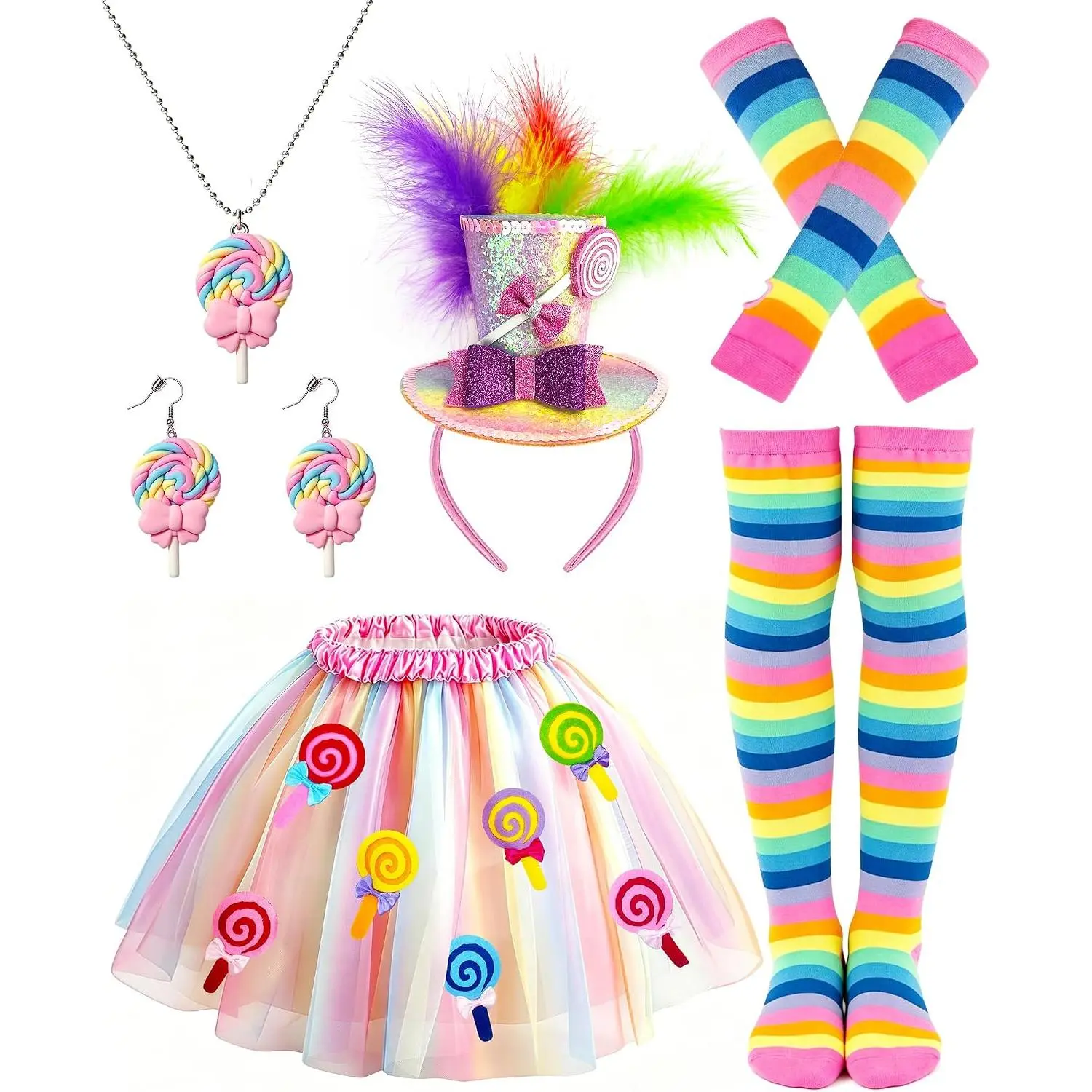Women's Candy Costume Set – Tutu Skirt, Mini Top Hat, Lollipop Jewelry & Feather Headband for Halloween, Cosplay & Themed Parties